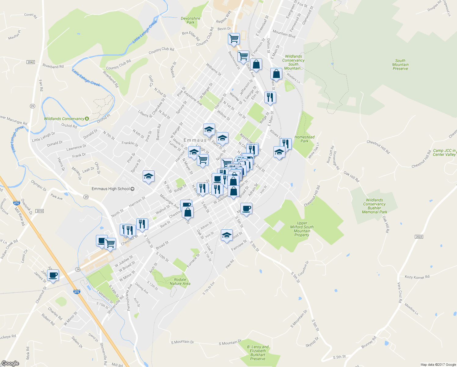 map of restaurants, bars, coffee shops, grocery stores, and more near 422 Chestnut Street in Emmaus