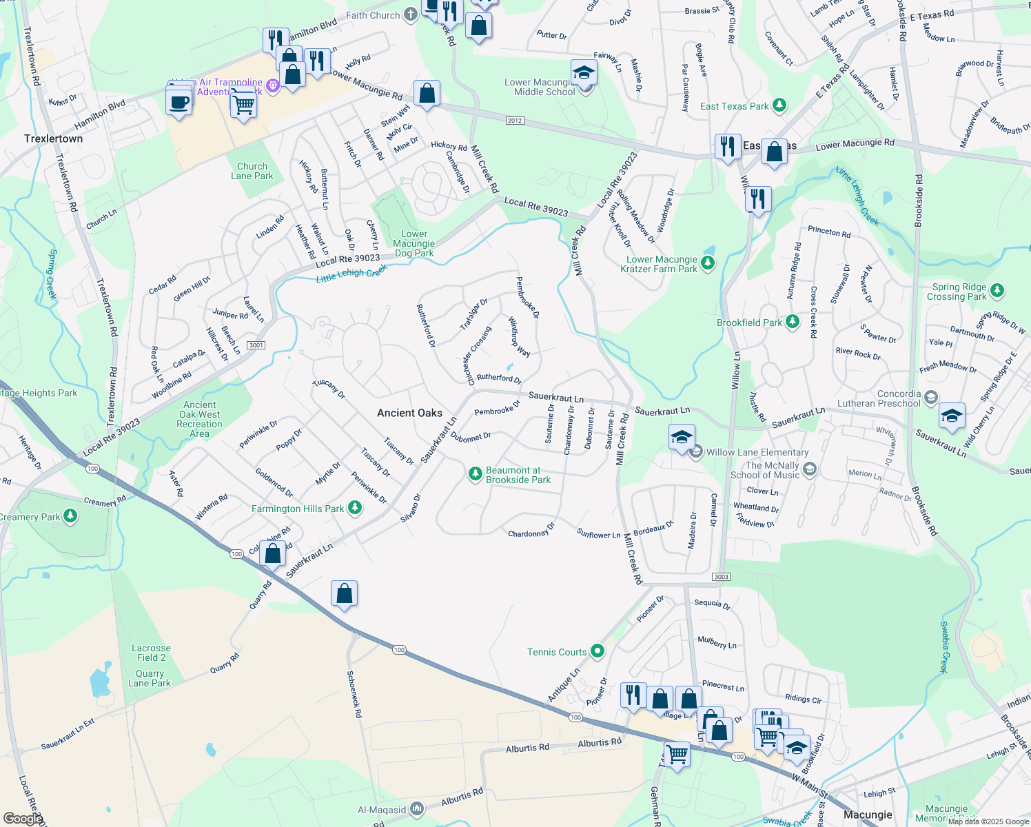 map of restaurants, bars, coffee shops, grocery stores, and more near 2087 Pembrooke Drive in Macungie