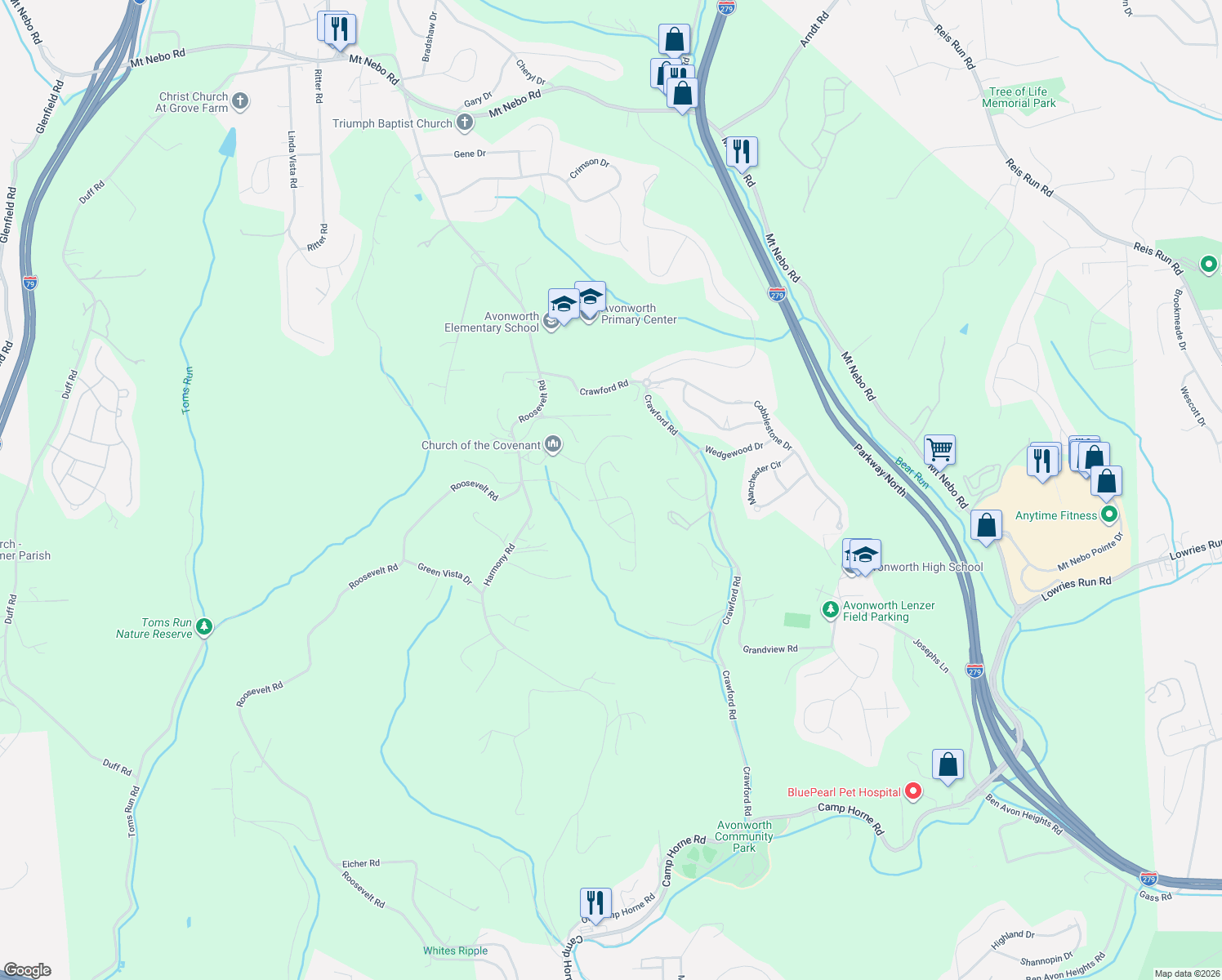 map of restaurants, bars, coffee shops, grocery stores, and more near 106 Gilleland Lane in Pittsburgh