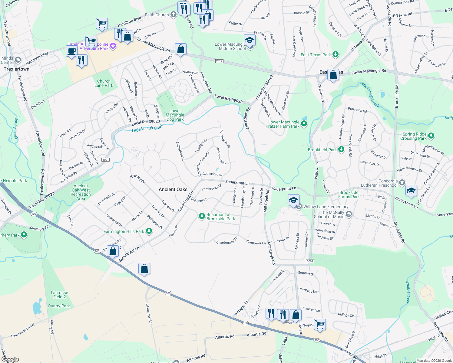 map of restaurants, bars, coffee shops, grocery stores, and more near 6633 Sauerkraut Lane in Macungie