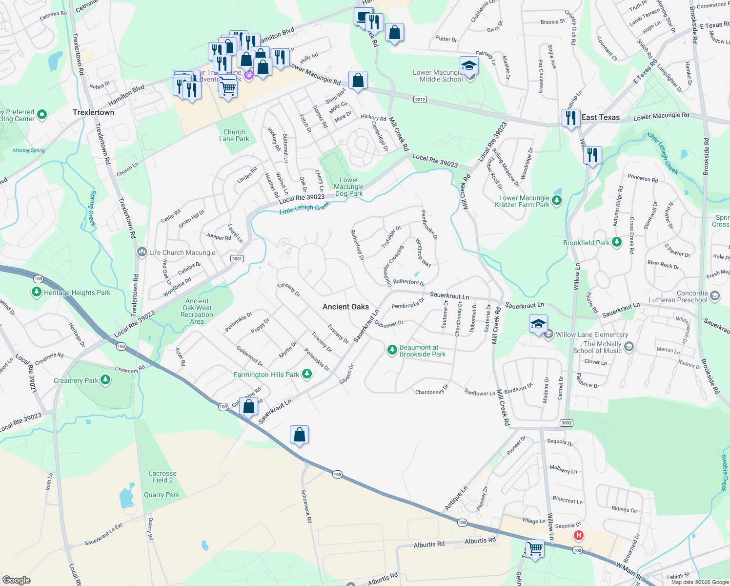 map of restaurants, bars, coffee shops, grocery stores, and more near 2089 Kingsview Rd in Macungie