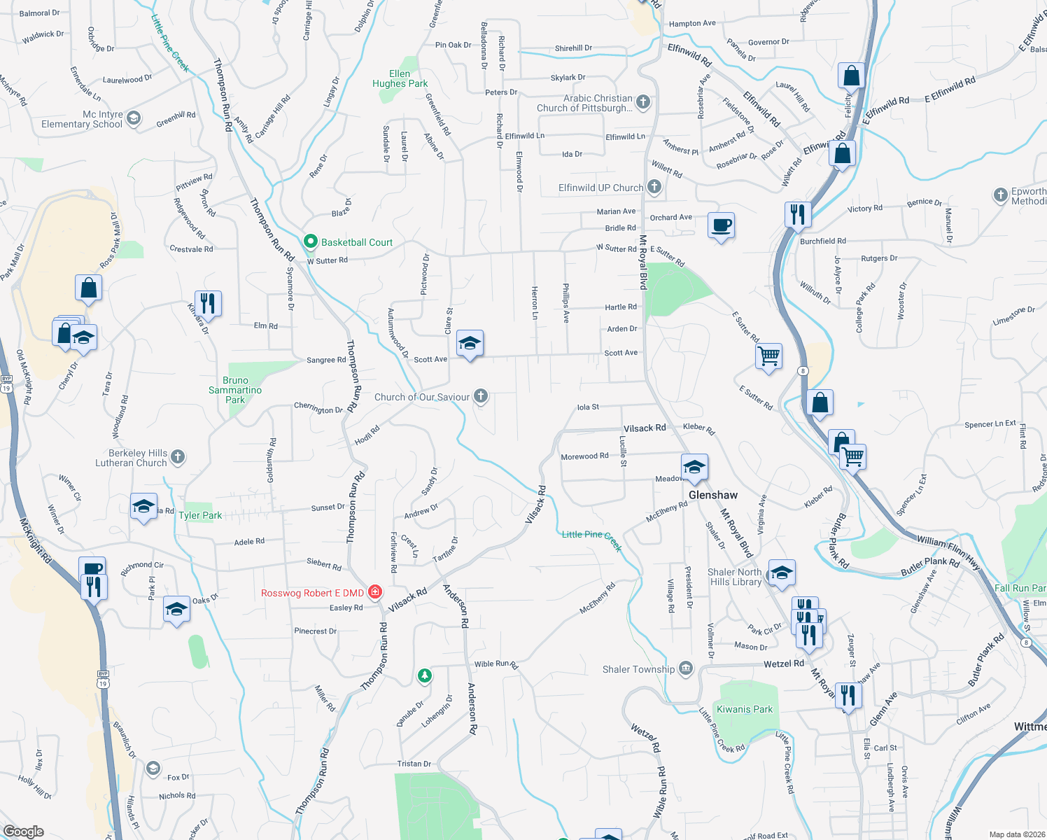 map of restaurants, bars, coffee shops, grocery stores, and more near 2408 Hamilton Avenue in Glenshaw