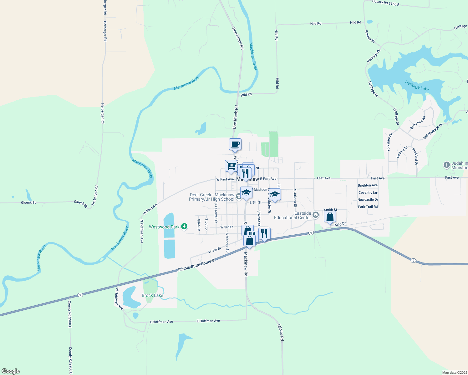 map of restaurants, bars, coffee shops, grocery stores, and more near 116 South Main Street in Mackinaw