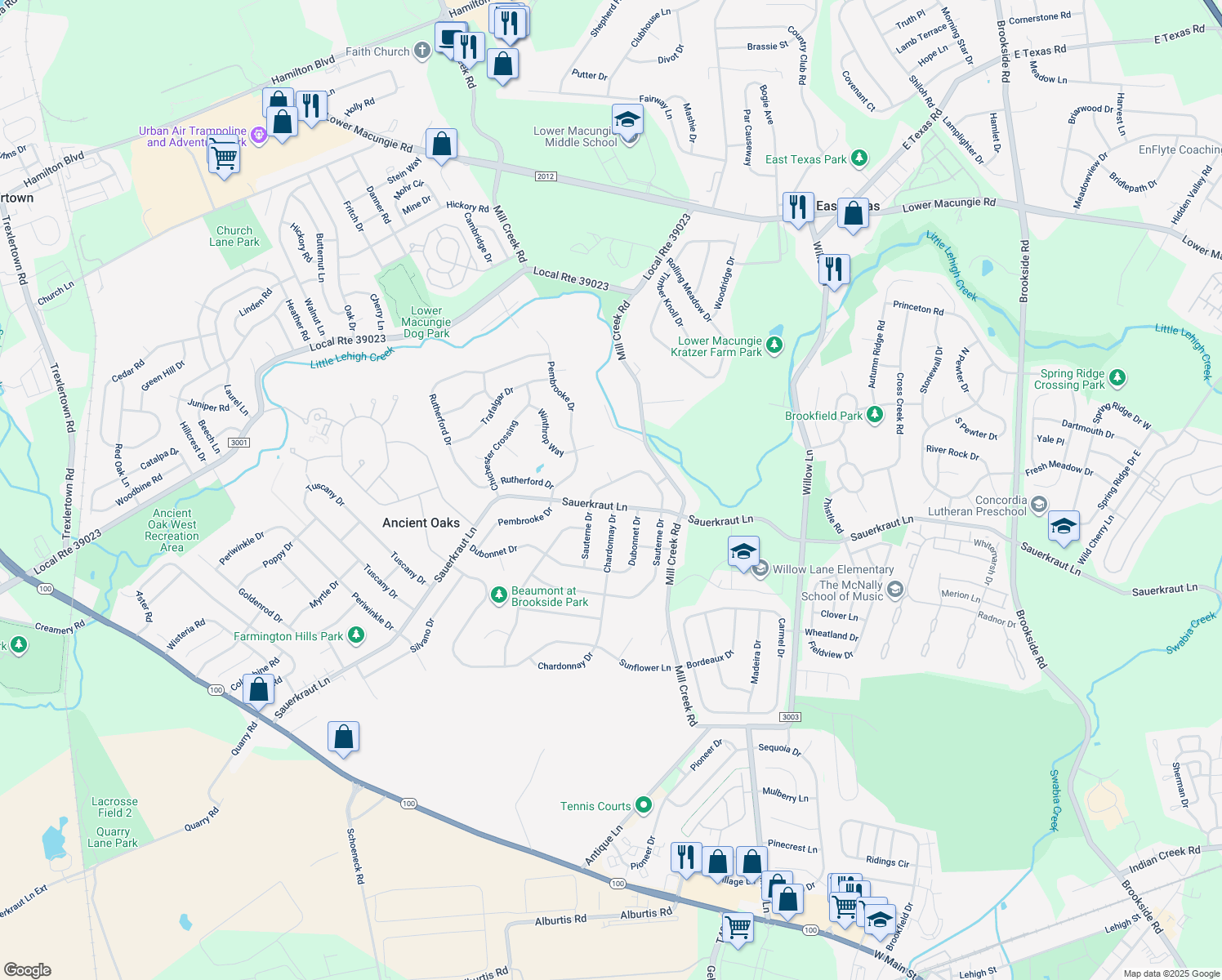 map of restaurants, bars, coffee shops, grocery stores, and more near 6221 Sauterne Drive in Macungie