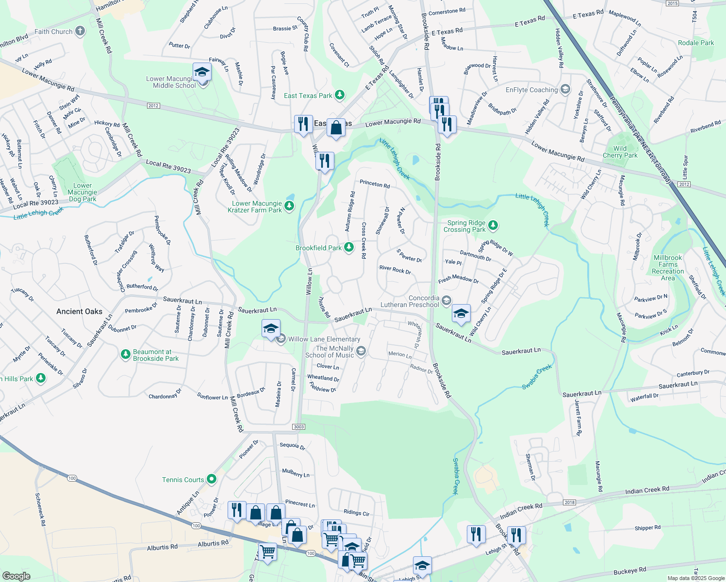 map of restaurants, bars, coffee shops, grocery stores, and more near 2463 Saddlebrook Road in Macungie