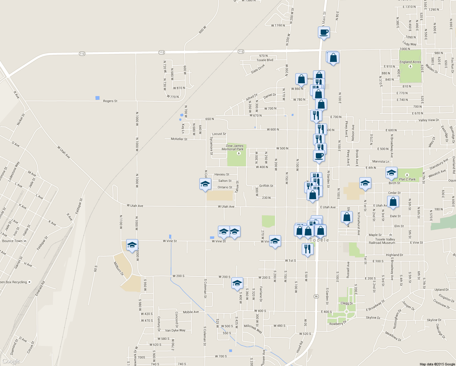 map of restaurants, bars, coffee shops, grocery stores, and more near 447 Salton Street in Tooele