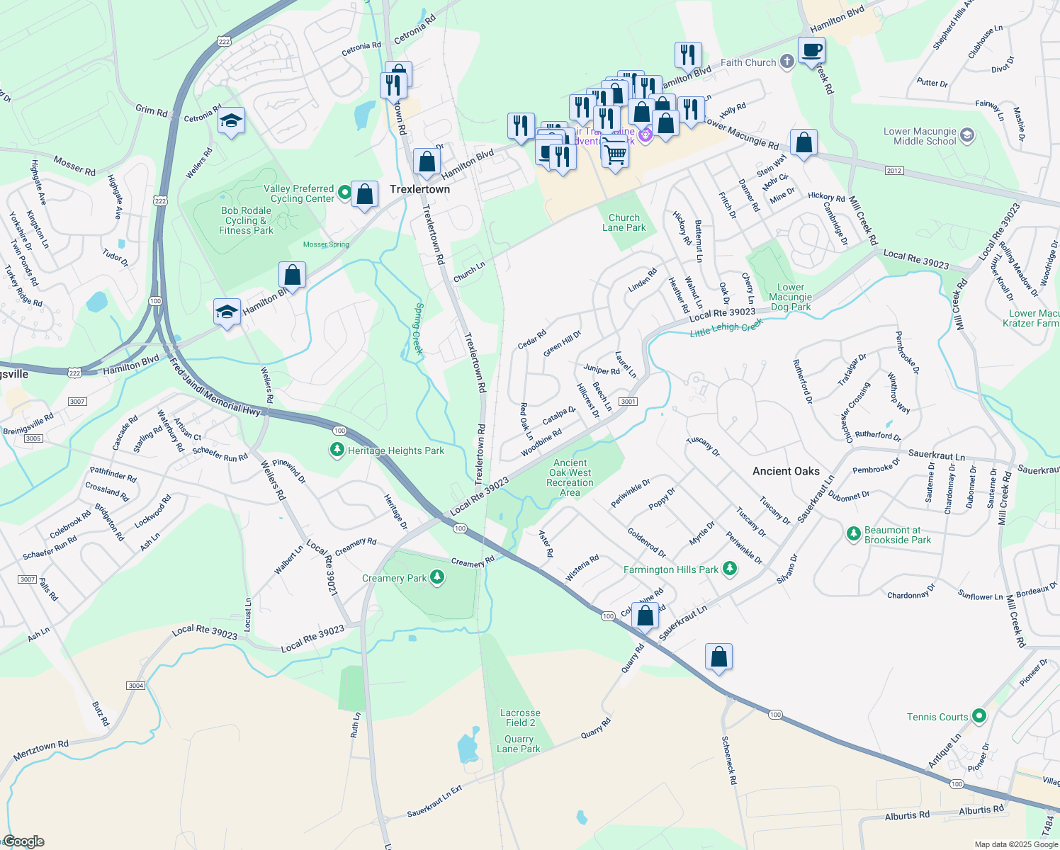 map of restaurants, bars, coffee shops, grocery stores, and more near 7569 Catalpa Drive in Macungie