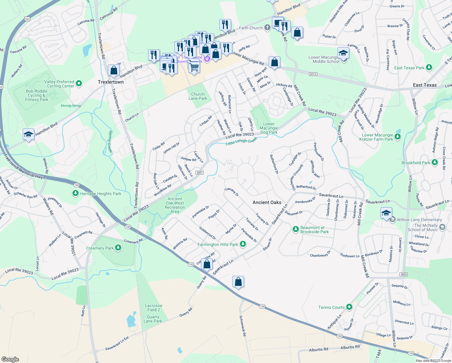 map of restaurants, bars, coffee shops, grocery stores, and more near 7070 Queenscourt Lane in Macungie
