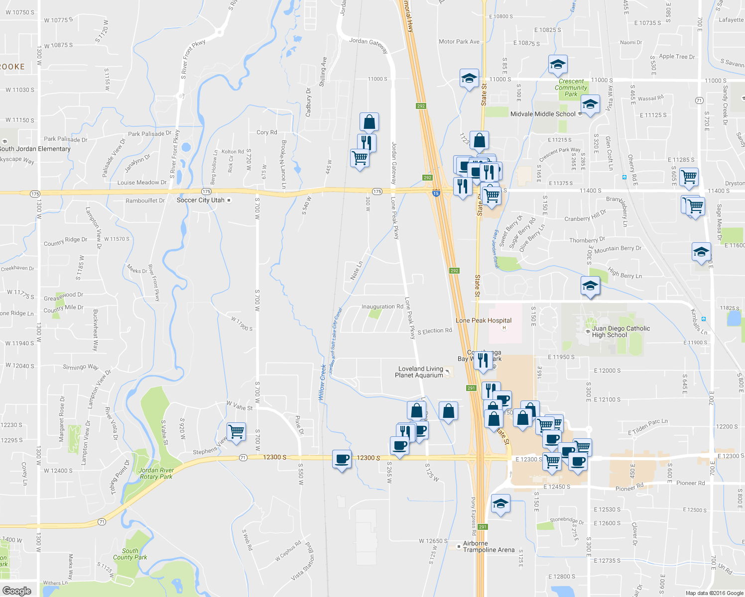 map of restaurants, bars, coffee shops, grocery stores, and more near 291 Bubbling Brook Lane in Draper