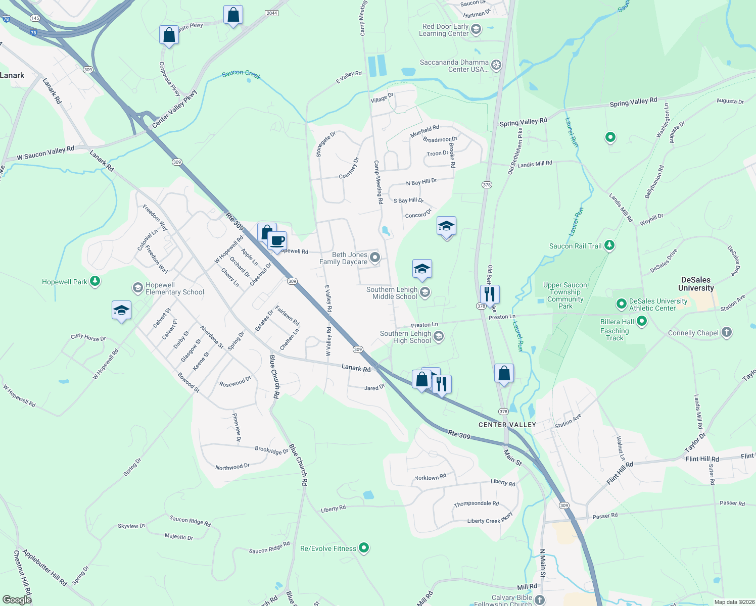 map of restaurants, bars, coffee shops, grocery stores, and more near 5420 Camp Meeting Road in Lehigh County