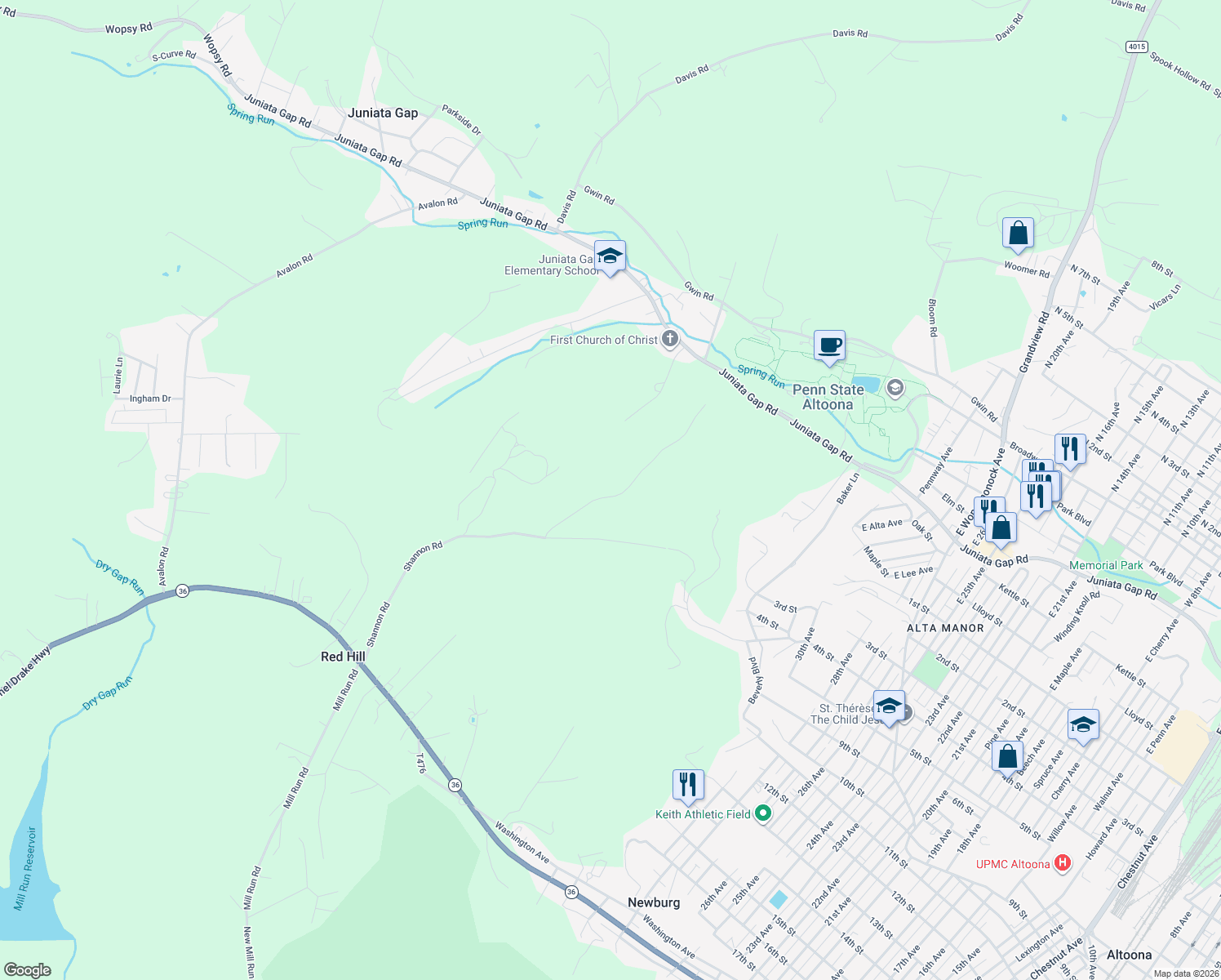 map of restaurants, bars, coffee shops, grocery stores, and more near 210 Ivyside Estates Lane in Altoona