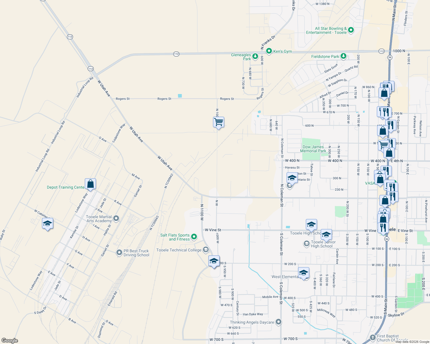 map of restaurants, bars, coffee shops, grocery stores, and more near 349 North 1000 West in Tooele