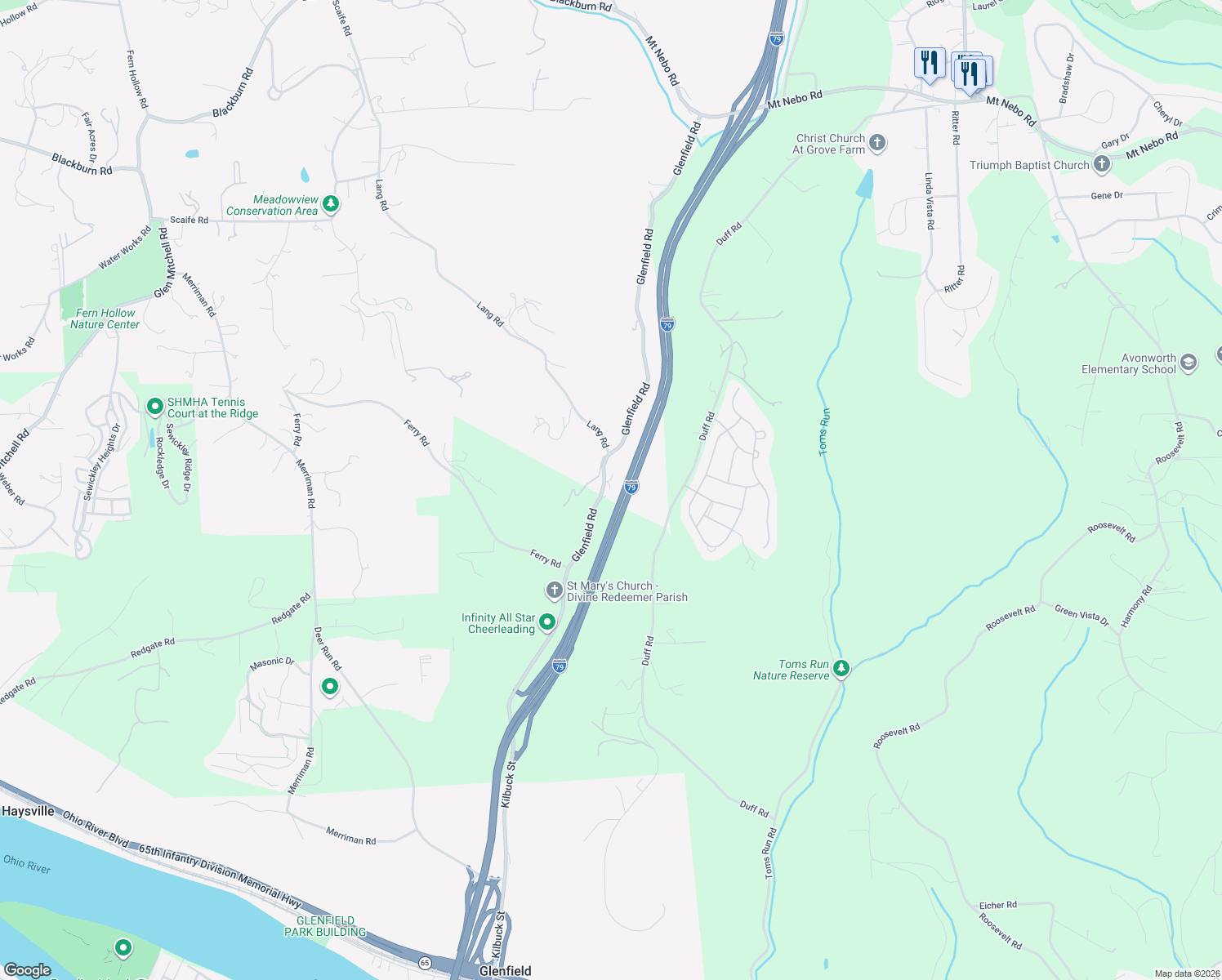 map of restaurants, bars, coffee shops, grocery stores, and more near 587 Glenfield Road in Sewickley