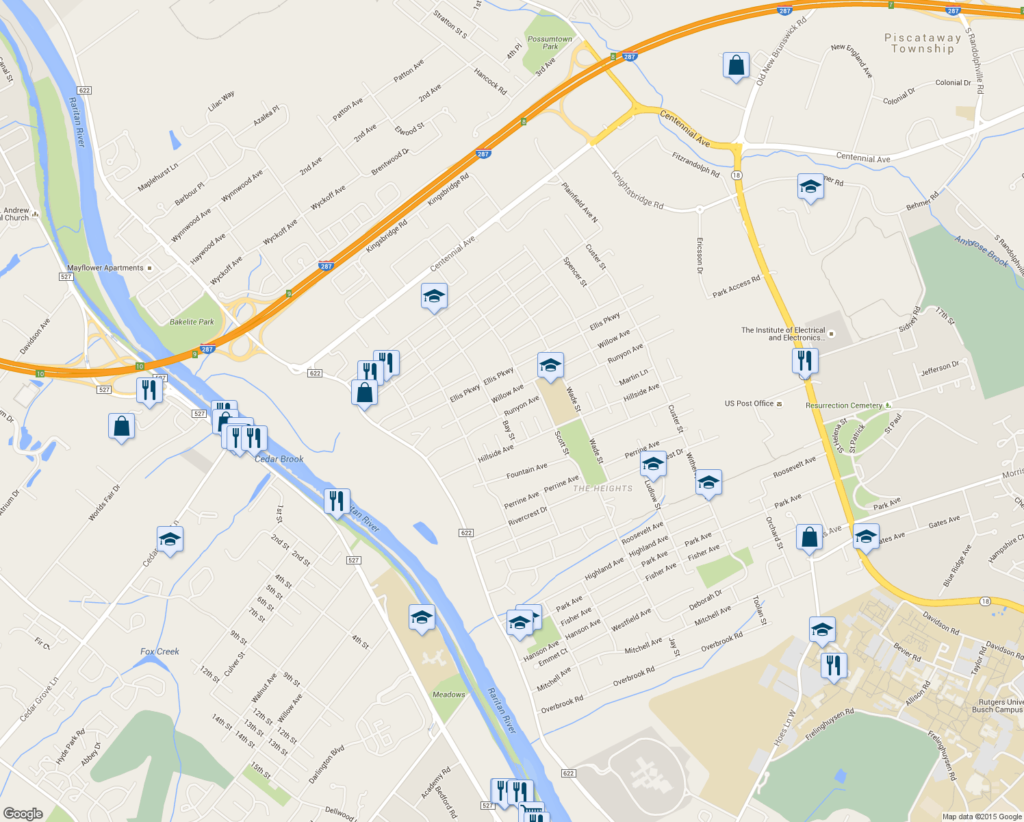 map of restaurants, bars, coffee shops, grocery stores, and more near 225 Runyon Avenue in Piscataway Township