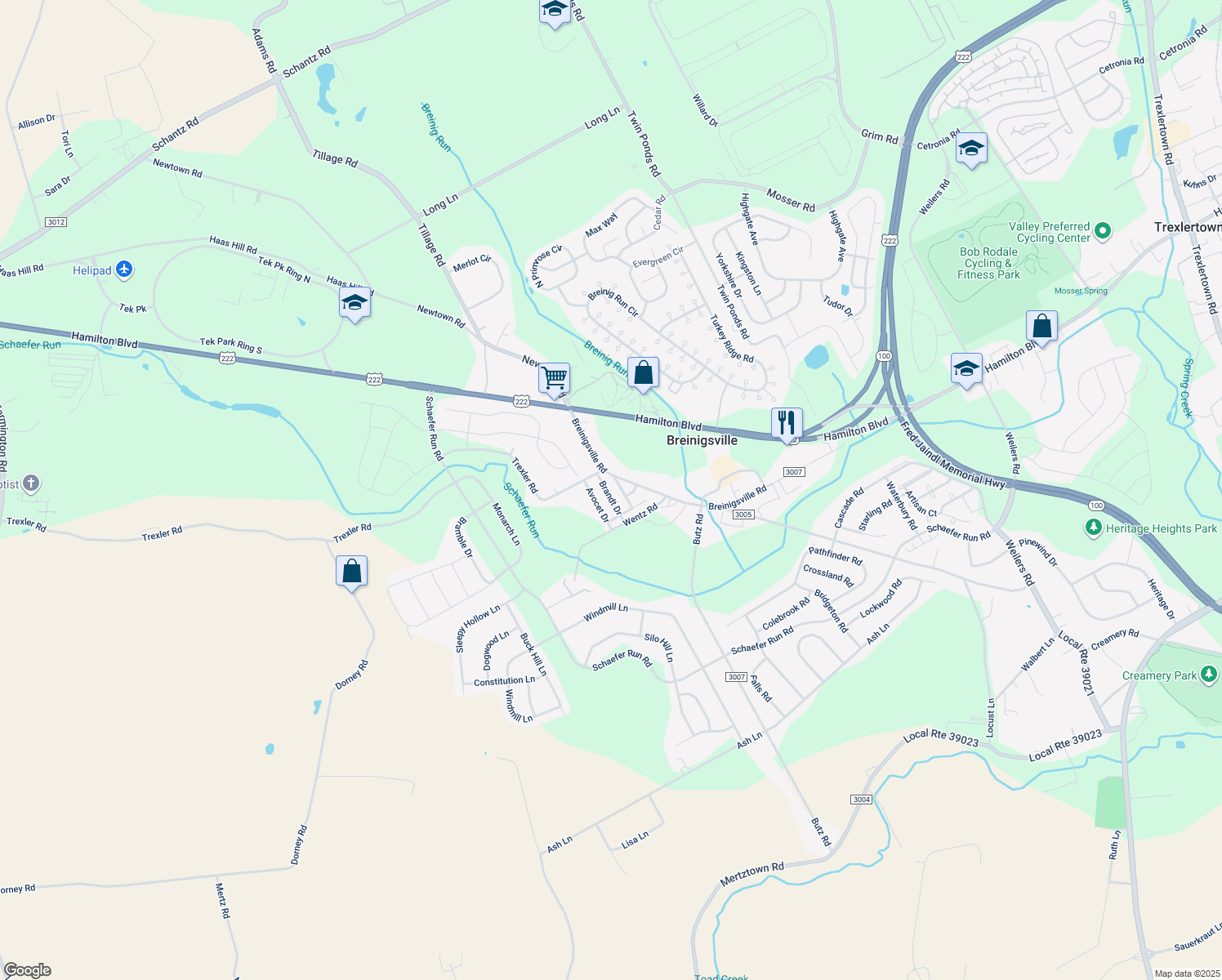 map of restaurants, bars, coffee shops, grocery stores, and more near 1227 Brandt Drive in Breinigsville