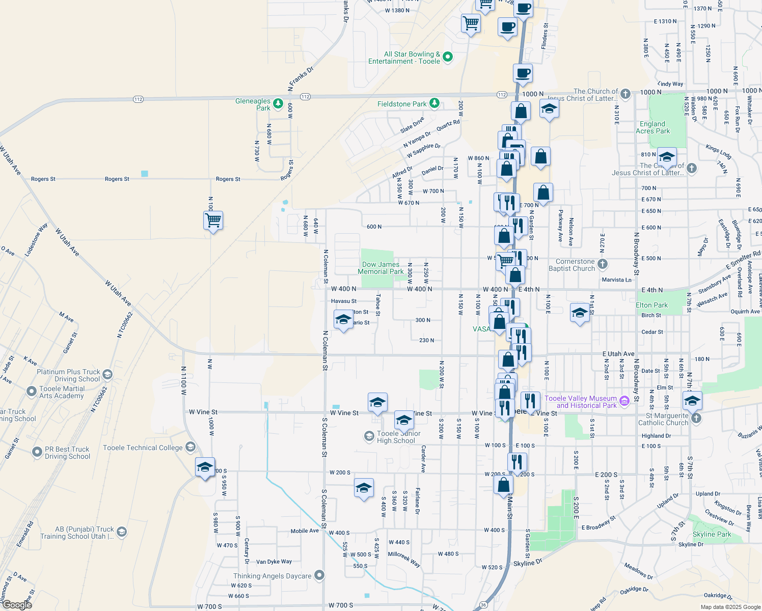 map of restaurants, bars, coffee shops, grocery stores, and more near 370 Tahoe St in Tooele