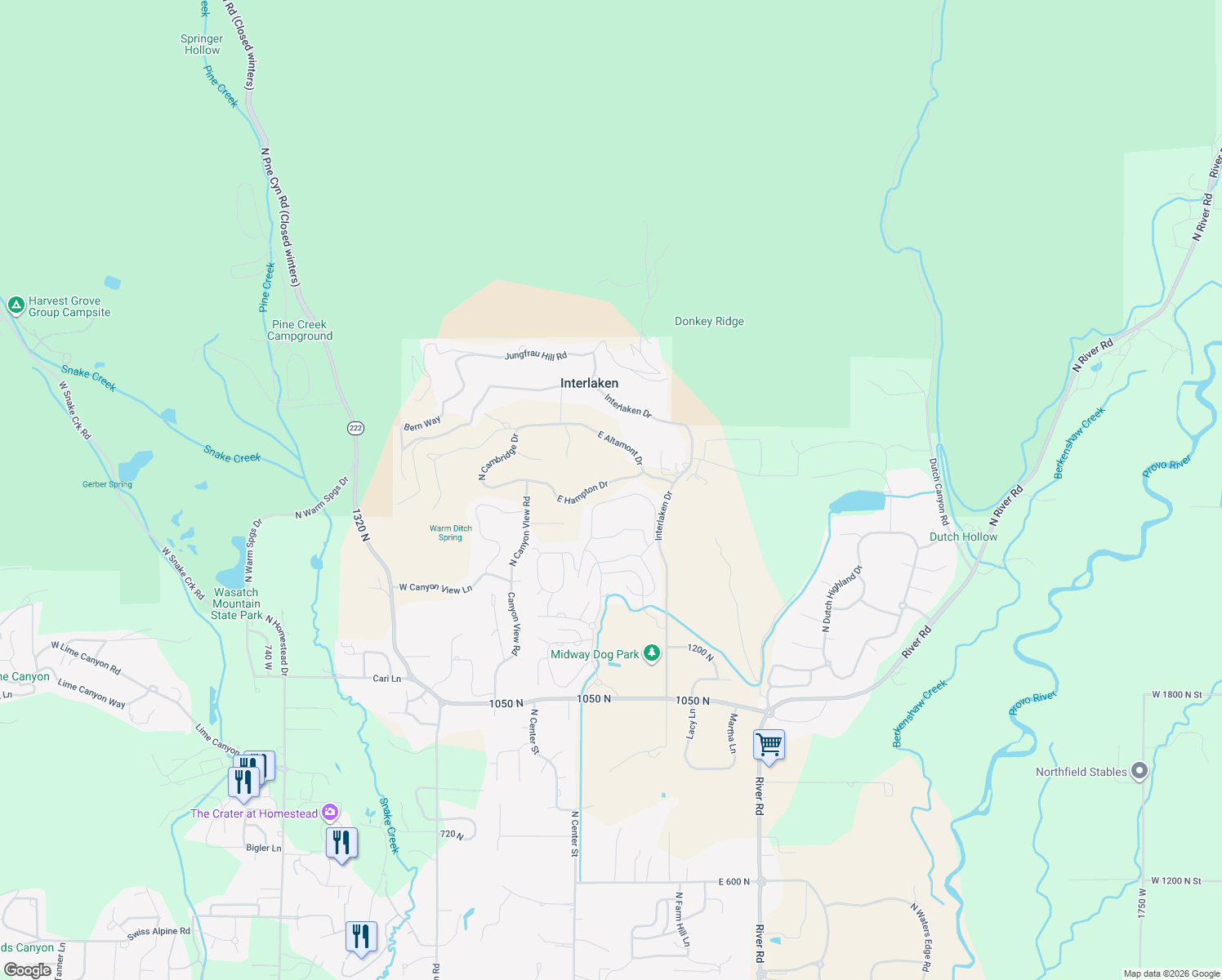 map of restaurants, bars, coffee shops, grocery stores, and more near 52 E Provence Way in Midway