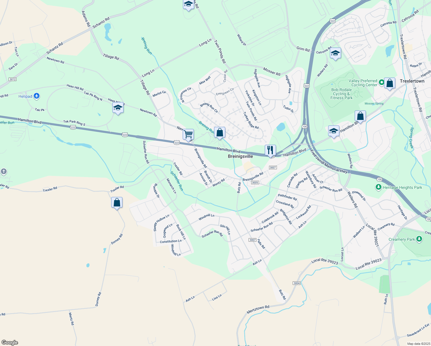 map of restaurants, bars, coffee shops, grocery stores, and more near 9111 Drake Drive in Breinigsville