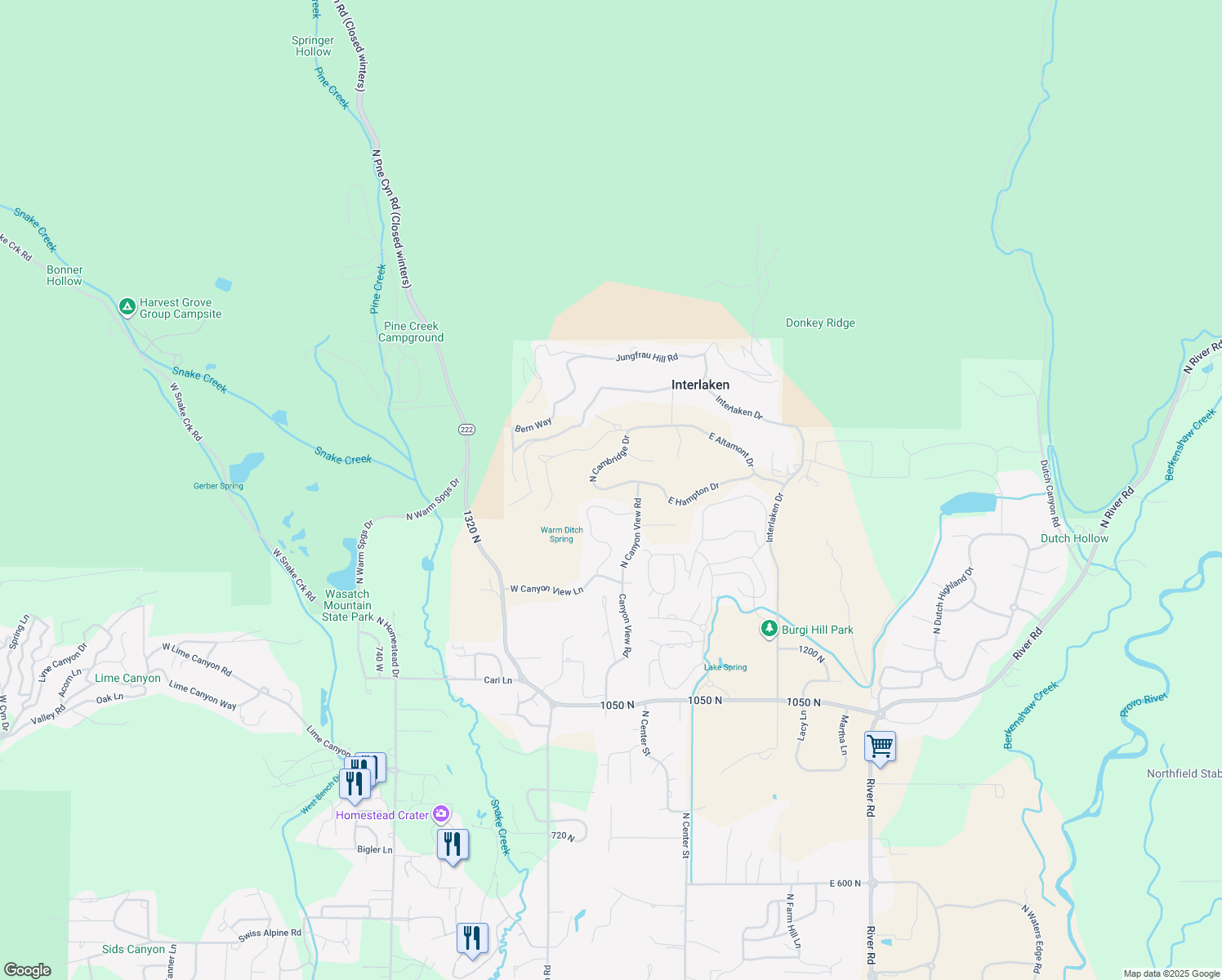 map of restaurants, bars, coffee shops, grocery stores, and more near 1615 North Cambridge Drive in Midway