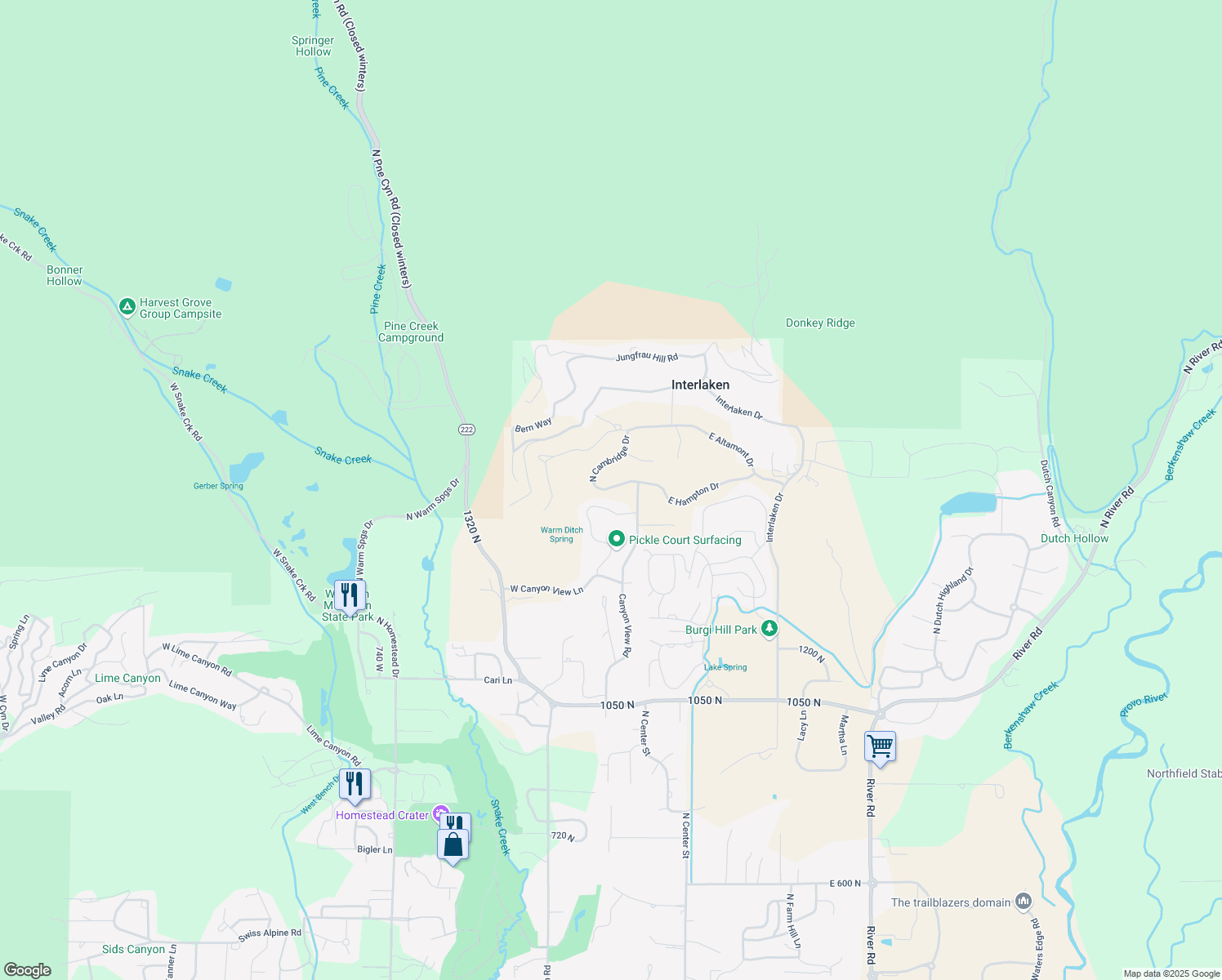 map of restaurants, bars, coffee shops, grocery stores, and more near 1615 North Cambridge Drive in Midway