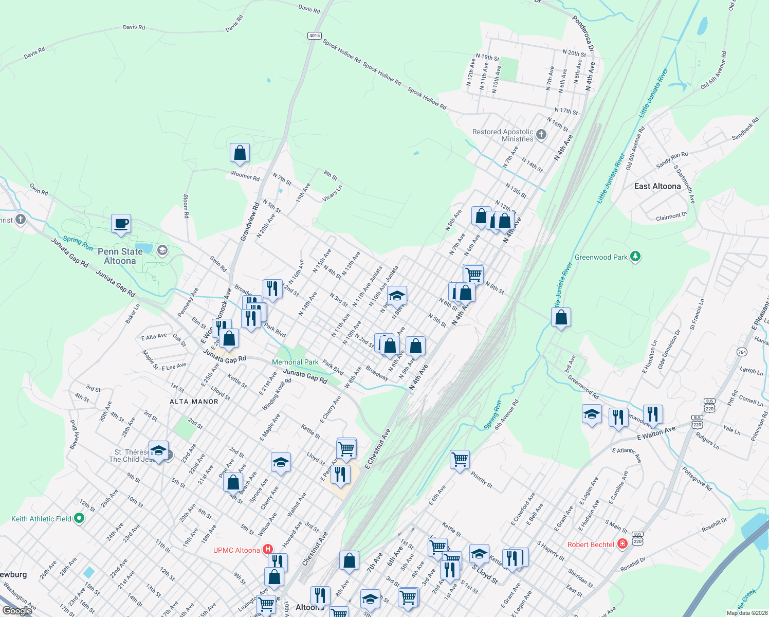 map of restaurants, bars, coffee shops, grocery stores, and more near 899 N 4th St in Altoona