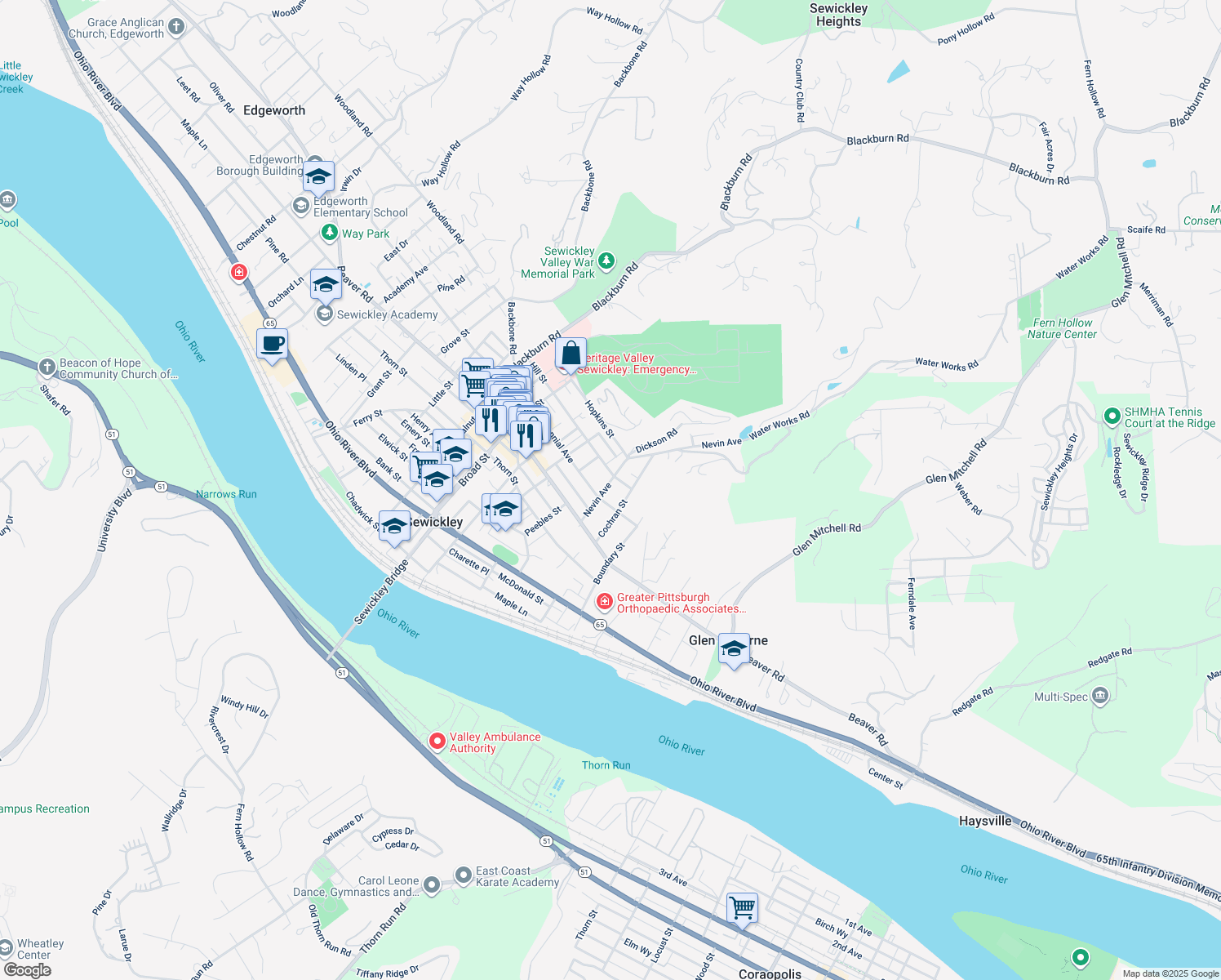 map of restaurants, bars, coffee shops, grocery stores, and more near 614 Nevin Avenue in Sewickley