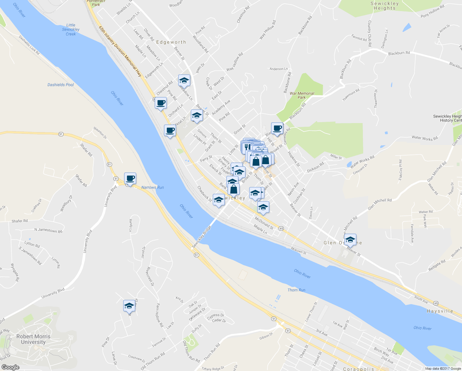 map of restaurants, bars, coffee shops, grocery stores, and more near 200 Walnut Street in Sewickley