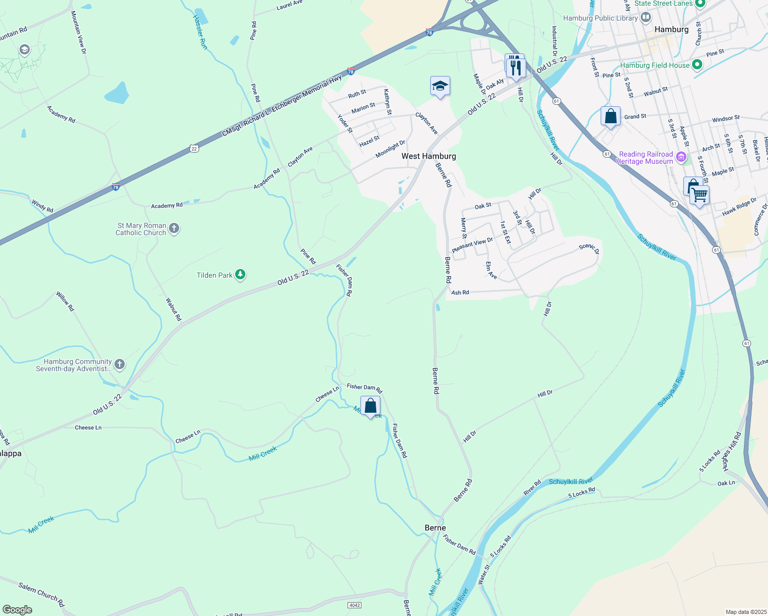 map of restaurants, bars, coffee shops, grocery stores, and more near 222 Berne Road in Hamburg