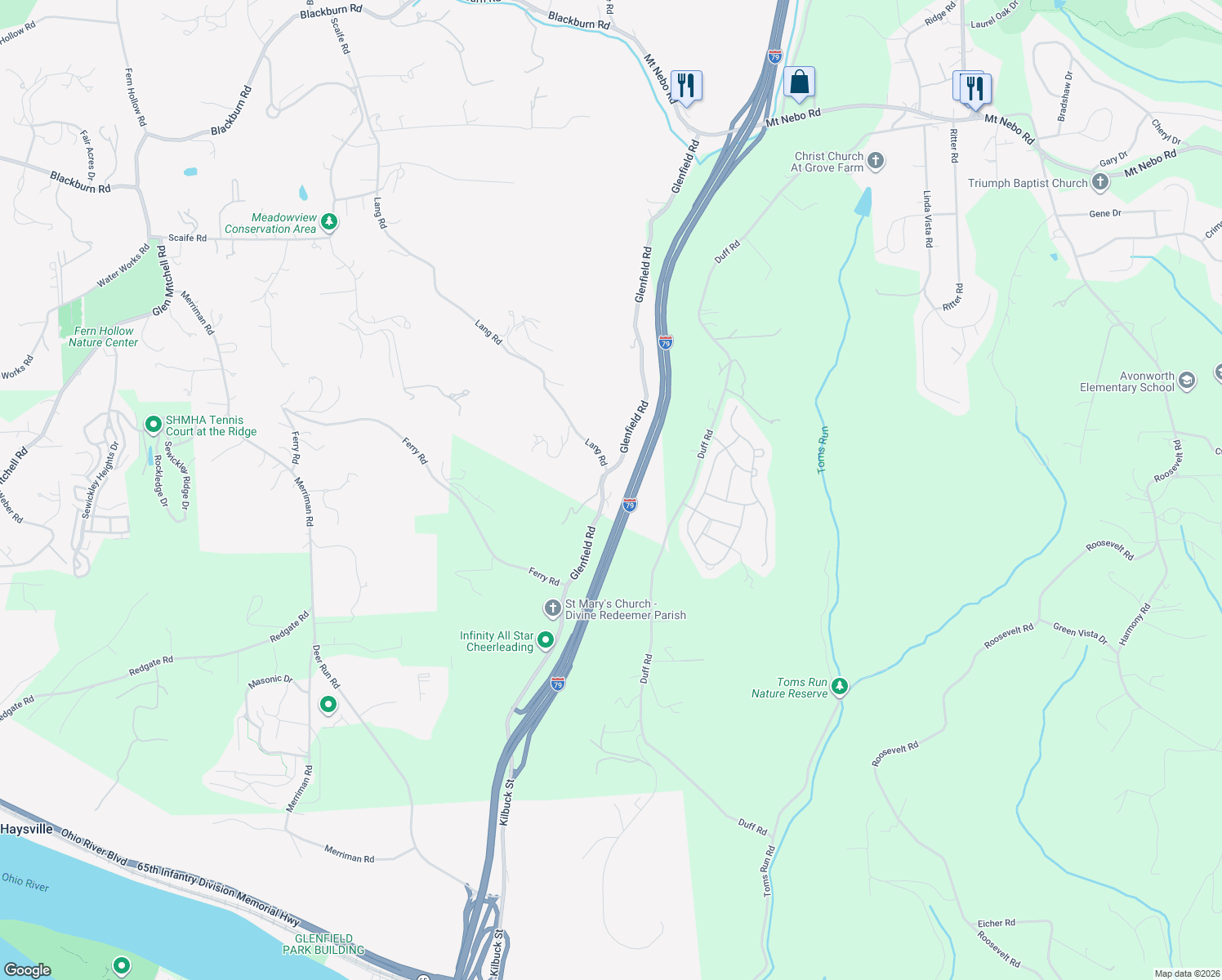 map of restaurants, bars, coffee shops, grocery stores, and more near 587 Glenfield Road in Sewickley