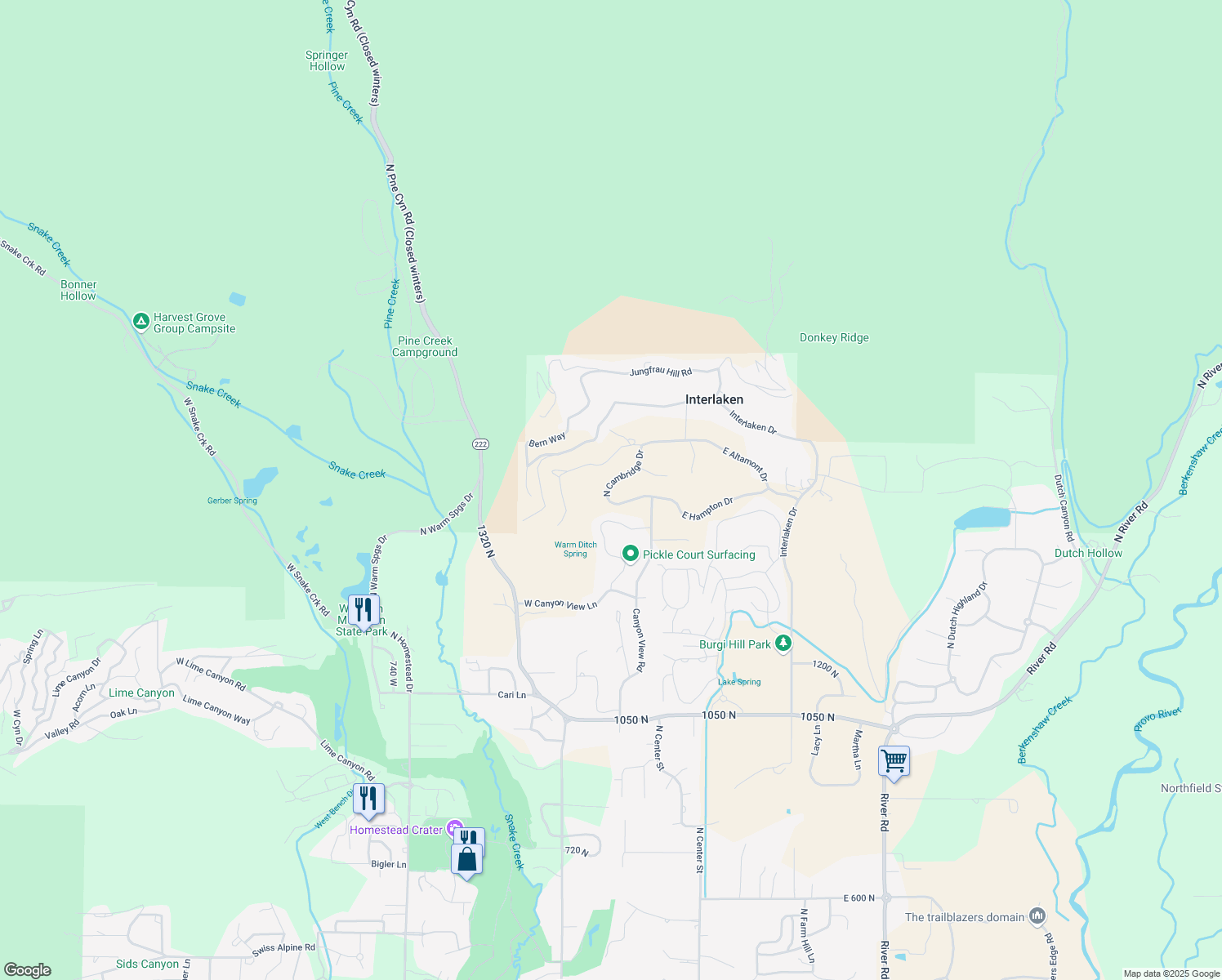 map of restaurants, bars, coffee shops, grocery stores, and more near 1636 North Cambridge Drive in Midway