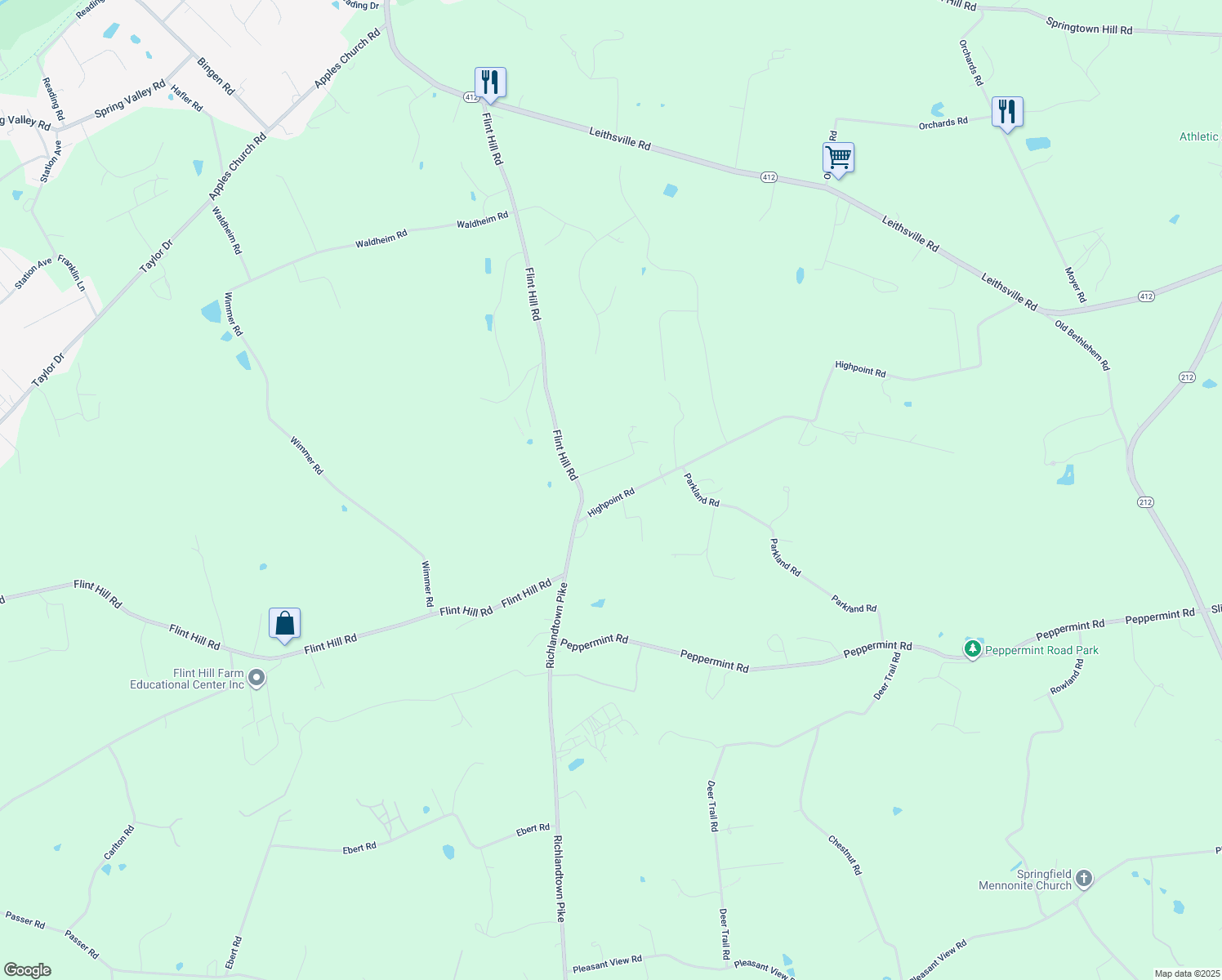 map of restaurants, bars, coffee shops, grocery stores, and more near 1355 Highpoint Road in Coopersburg