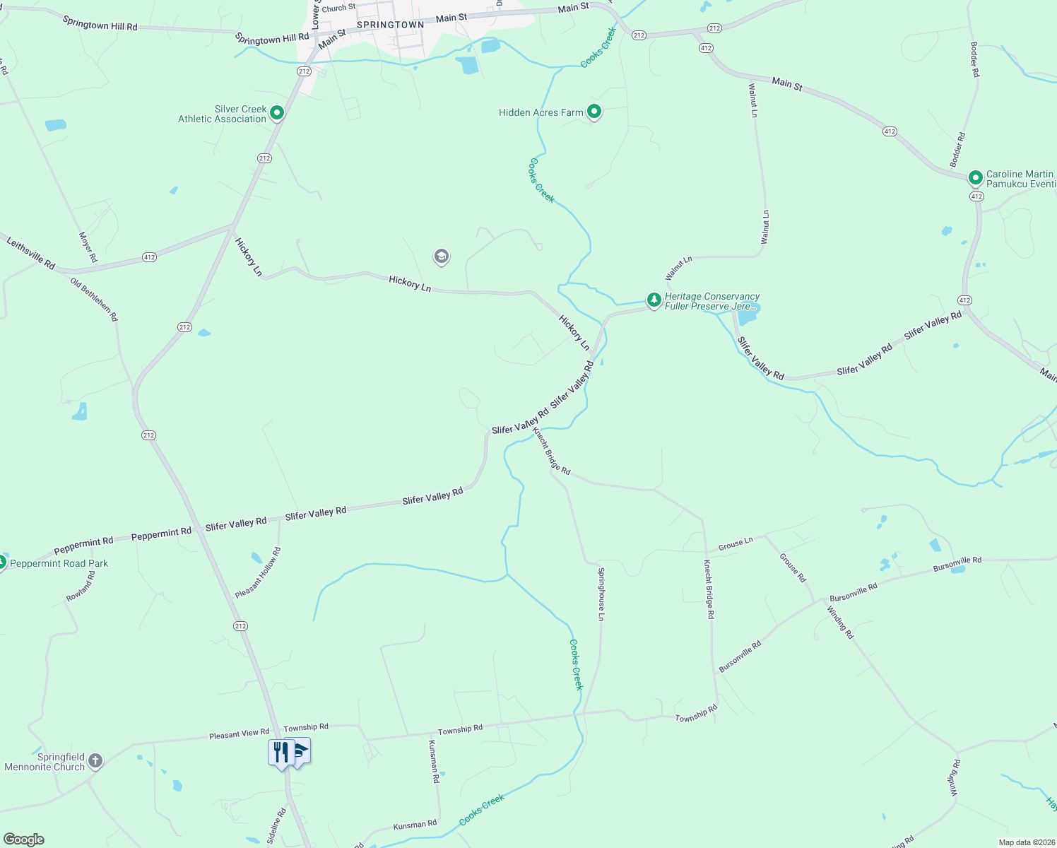 map of restaurants, bars, coffee shops, grocery stores, and more near 2460 Slifer Valley Road in Riegelsville