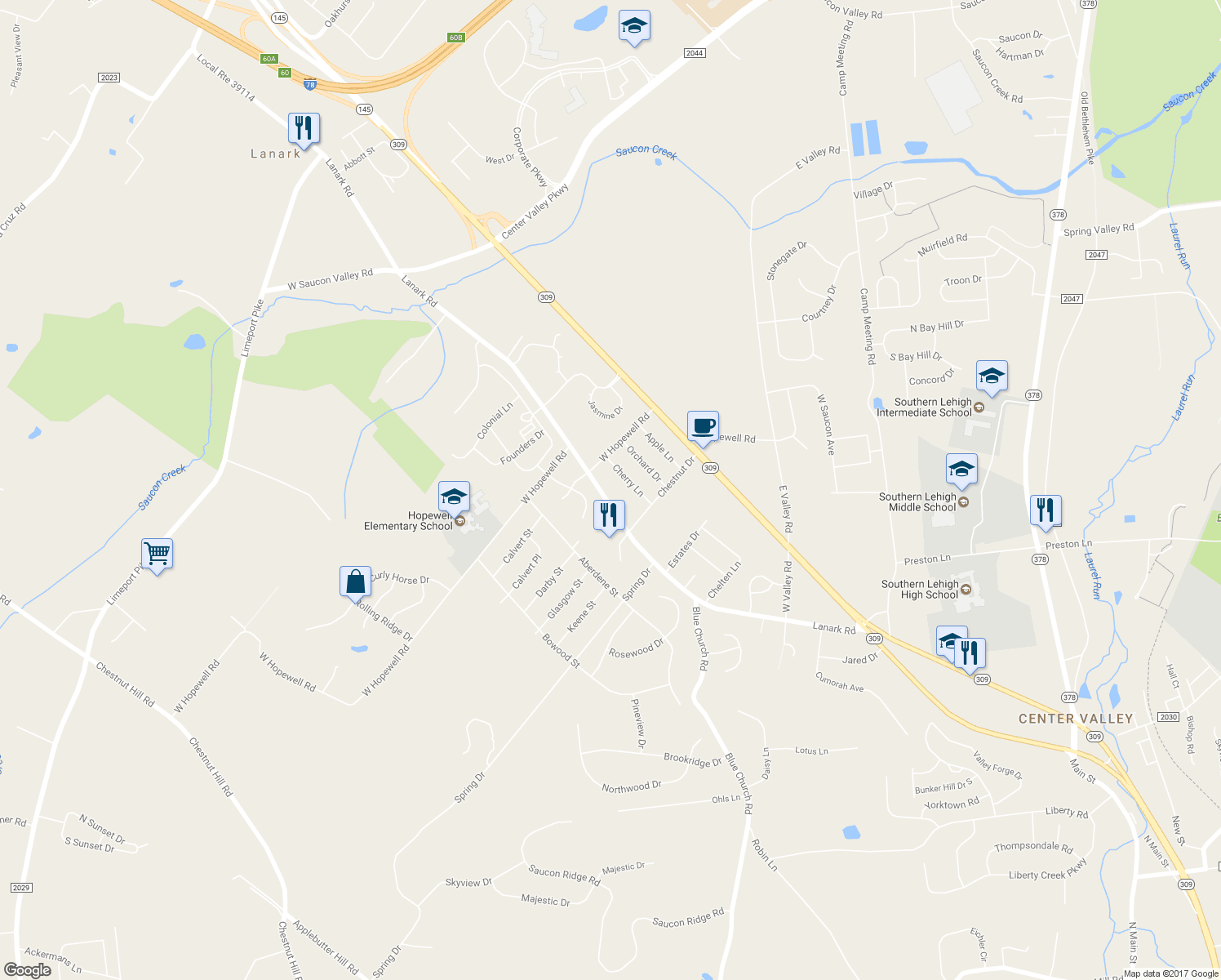 map of restaurants, bars, coffee shops, grocery stores, and more near 4805 Lanark Rd in Center Valley