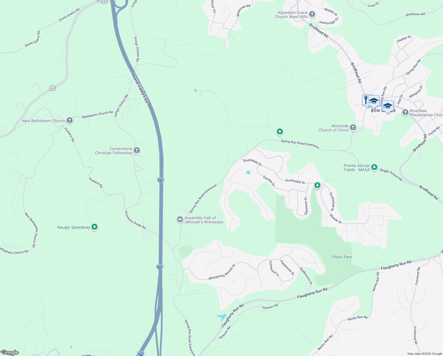 map of restaurants, bars, coffee shops, grocery stores, and more near 1512 Spring Run Road Extension in Coraopolis