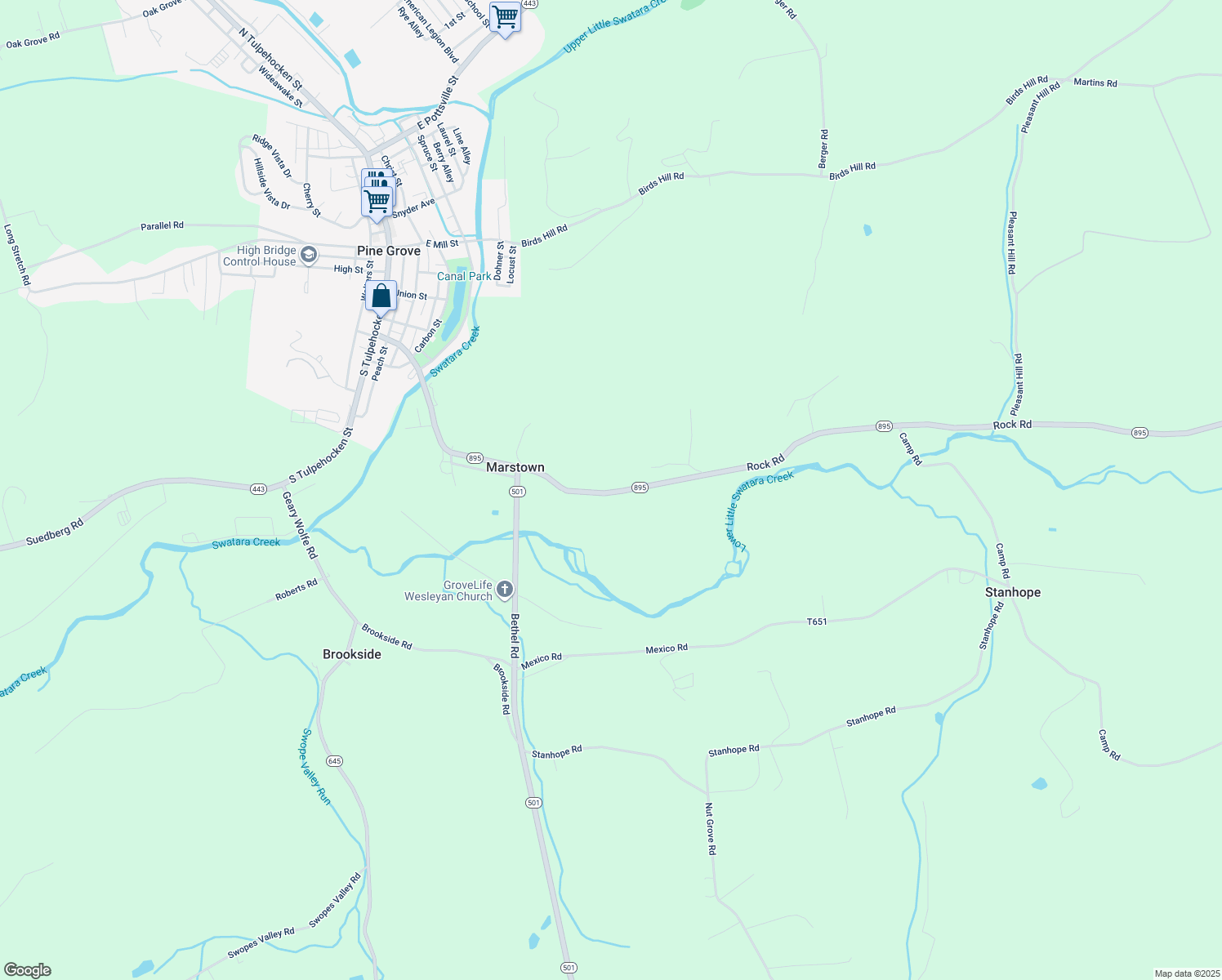map of restaurants, bars, coffee shops, grocery stores, and more near 149 Rock Road in Pine Grove
