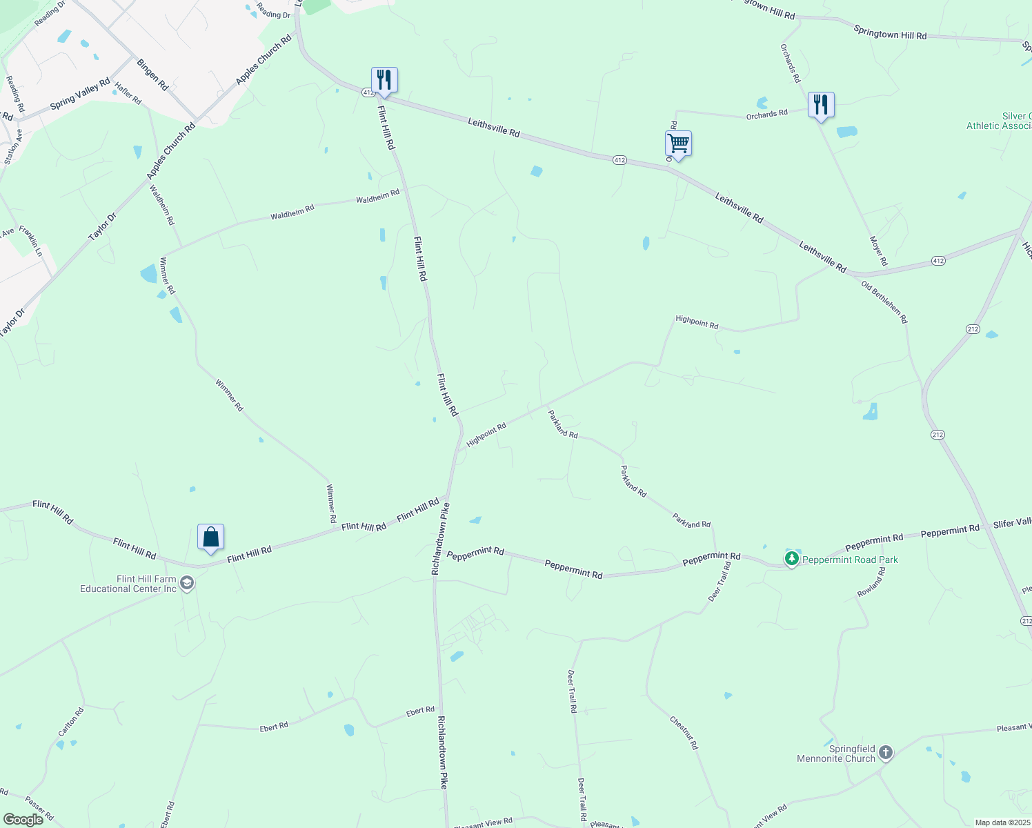 map of restaurants, bars, coffee shops, grocery stores, and more near 1395 Highpoint Road in Coopersburg