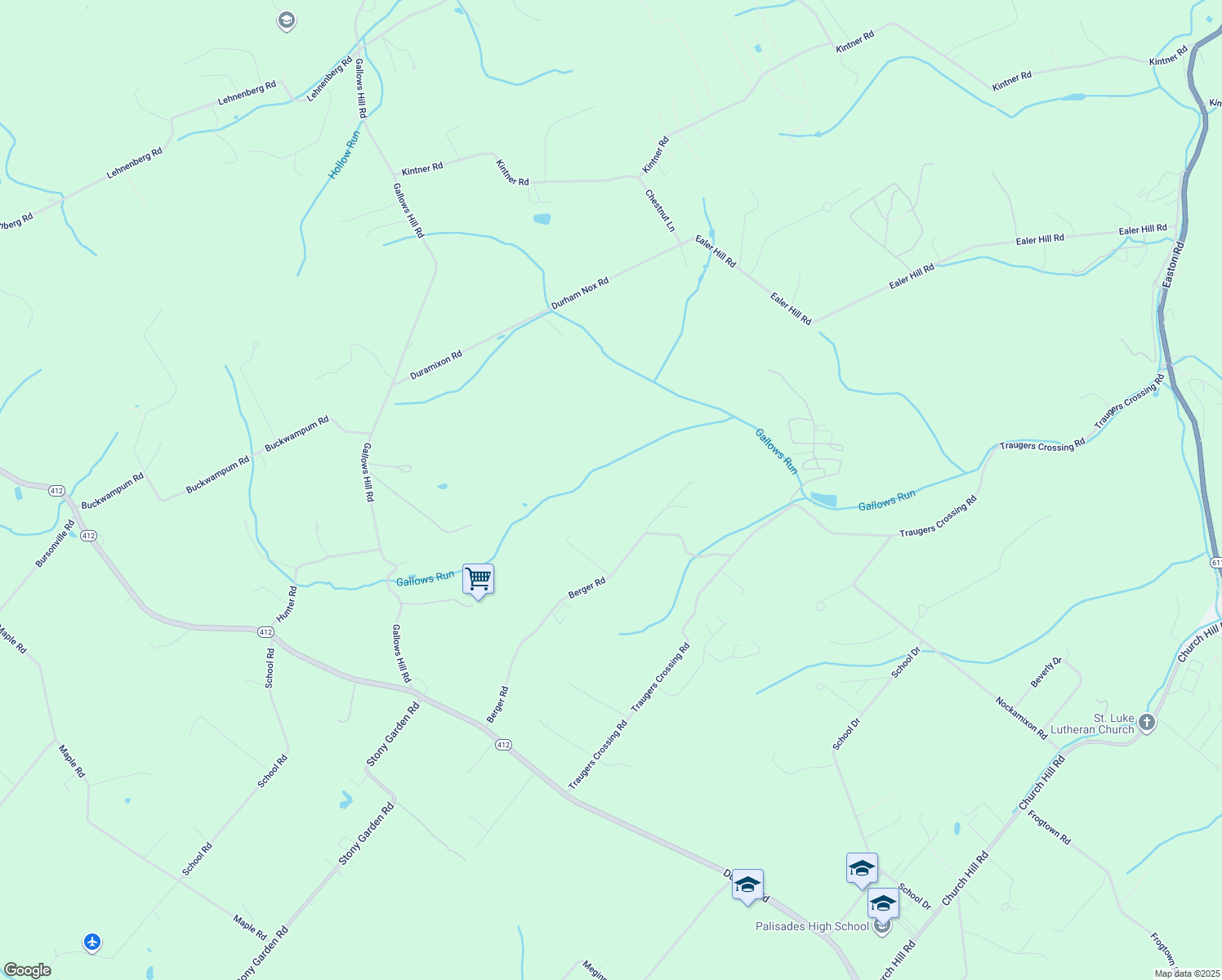 map of restaurants, bars, coffee shops, grocery stores, and more near 2031 Berger Road in Kintnersville