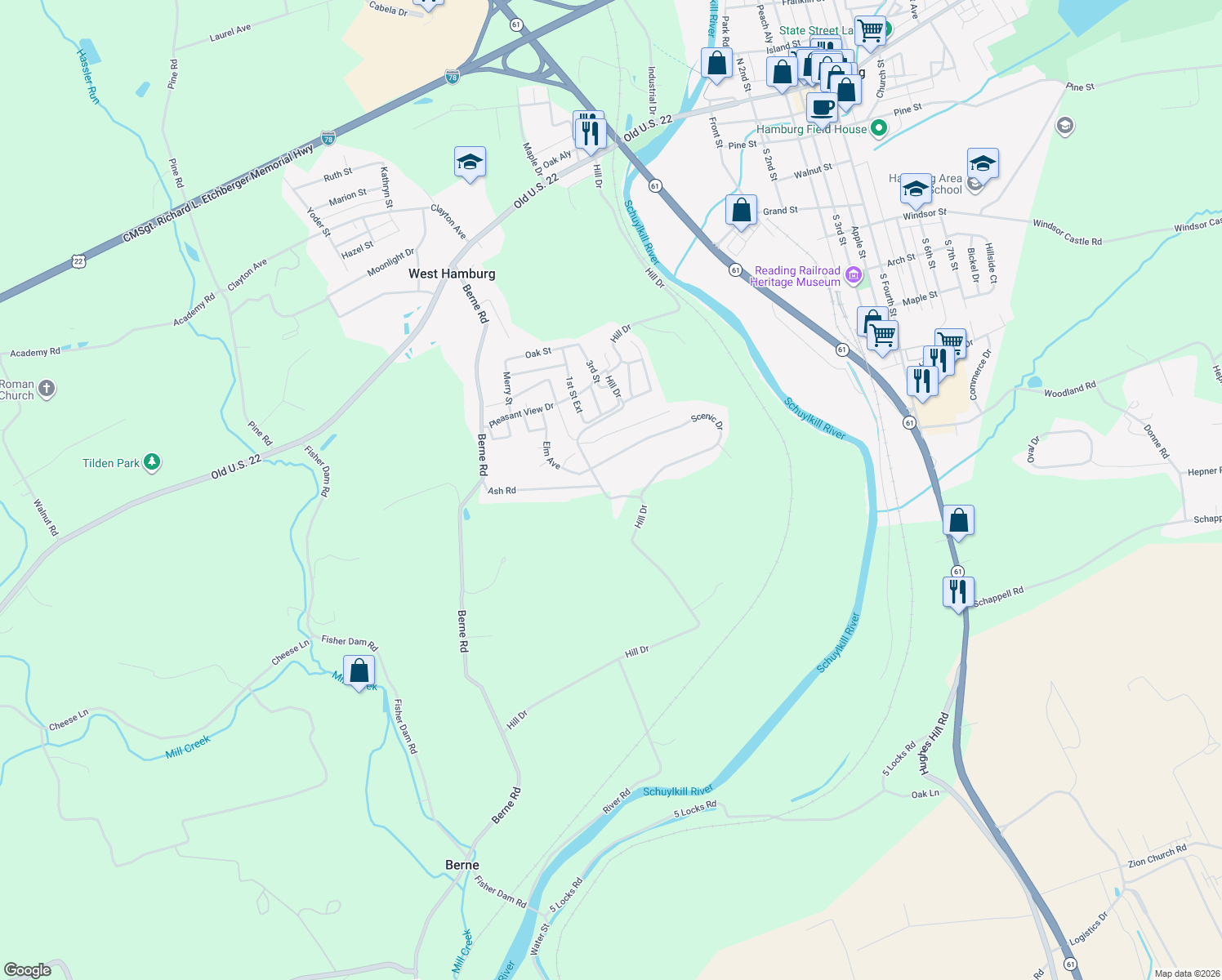 map of restaurants, bars, coffee shops, grocery stores, and more near 303 Hill Drive in Hamburg