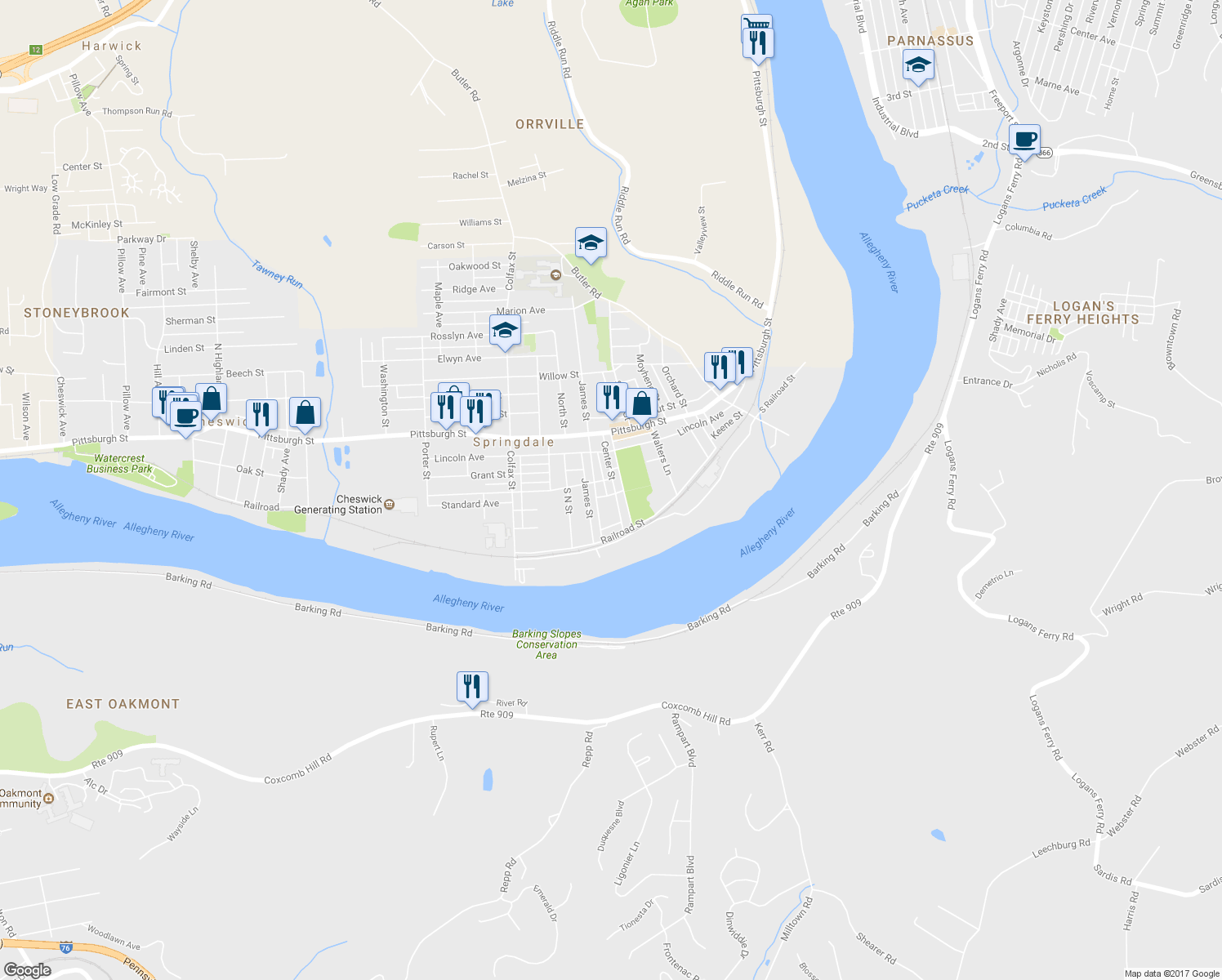 map of restaurants, bars, coffee shops, grocery stores, and more near 185 Center Street in Springdale