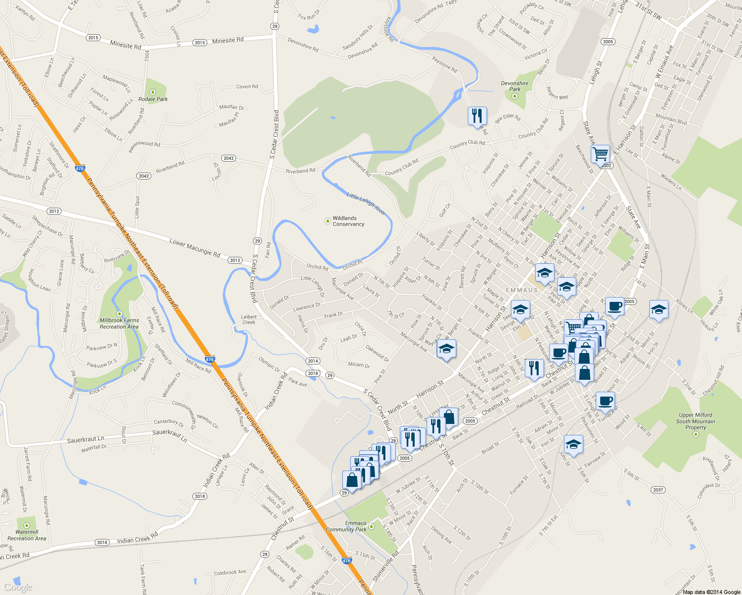 map of restaurants, bars, coffee shops, grocery stores, and more near 738 Henry Drive in Emmaus