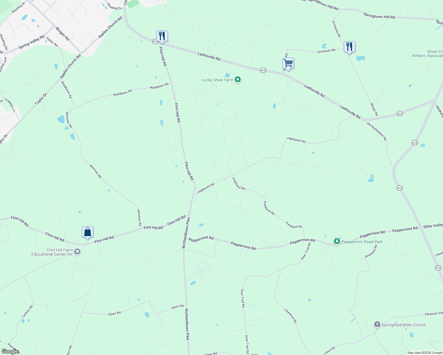 map of restaurants, bars, coffee shops, grocery stores, and more near 1409 Highpoint Road in Coopersburg