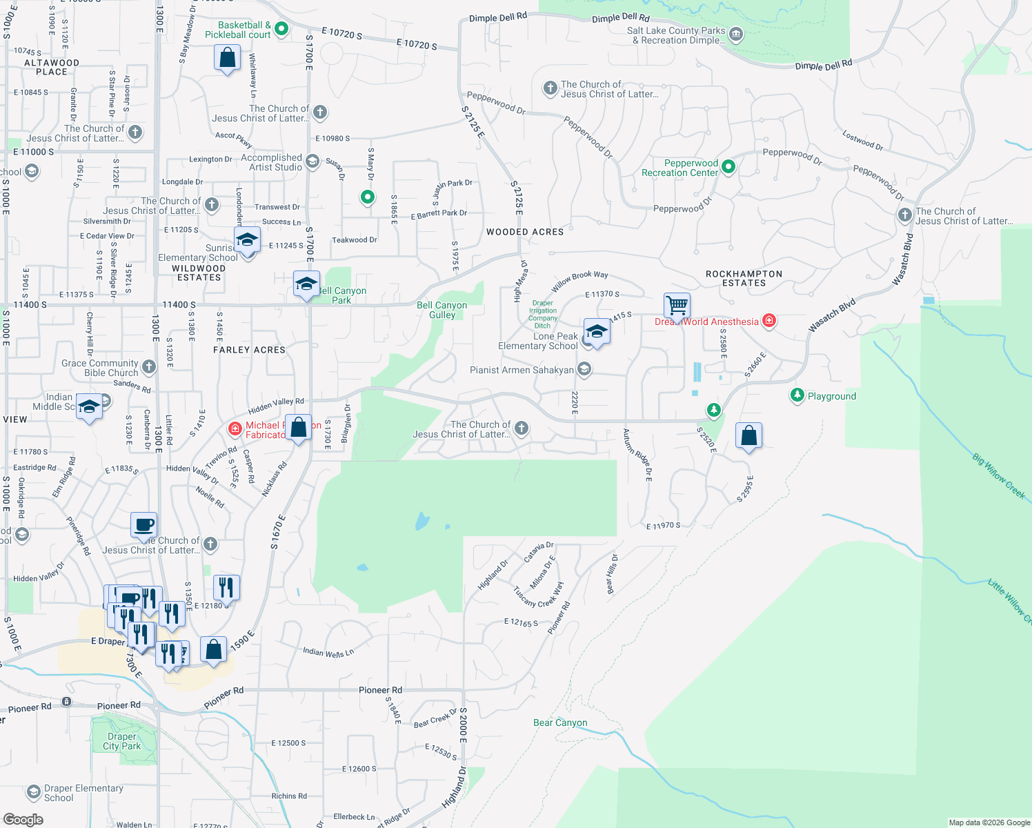 map of restaurants, bars, coffee shops, grocery stores, and more near 2082 Wasatch Blvd in Sandy
