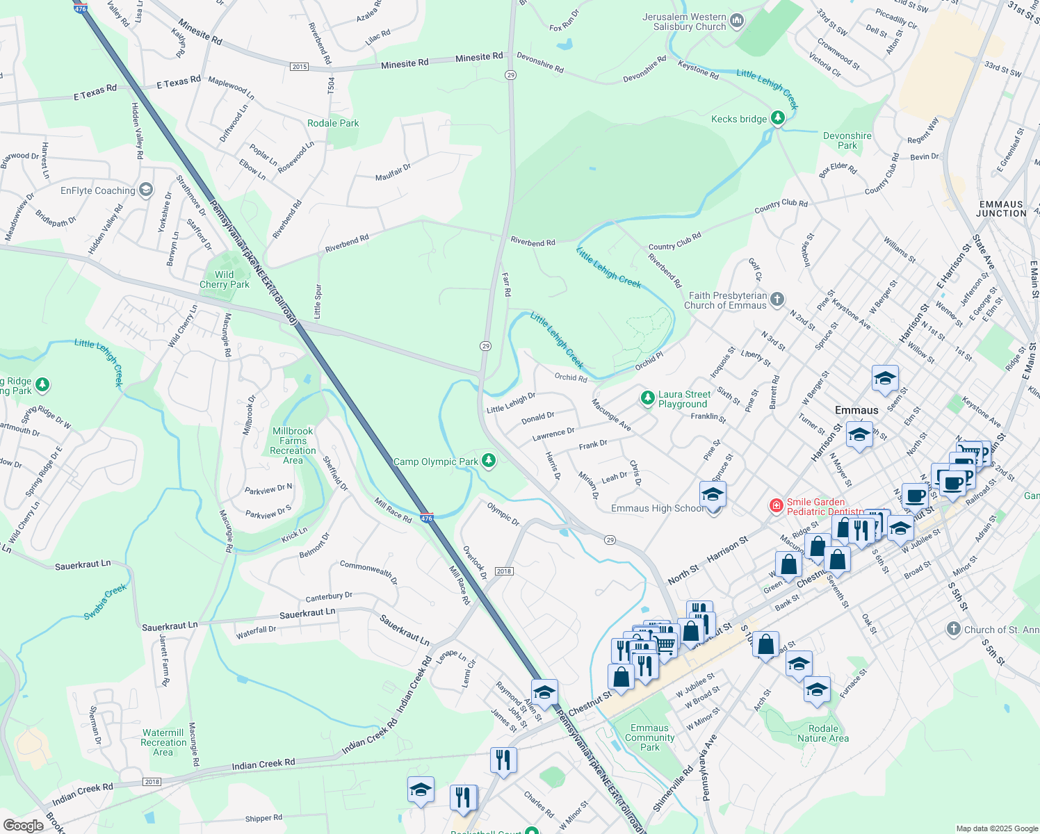 map of restaurants, bars, coffee shops, grocery stores, and more near 985 Donald Dr in Emmaus