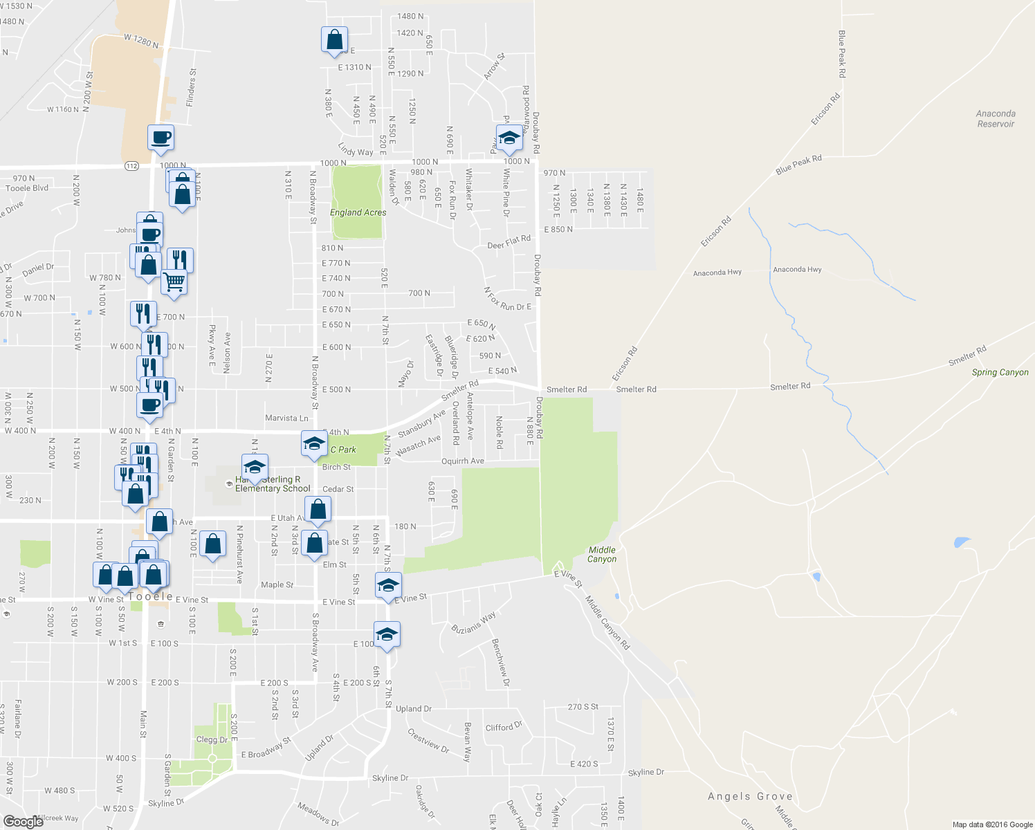 map of restaurants, bars, coffee shops, grocery stores, and more near 847 Uintah Avenue in Tooele