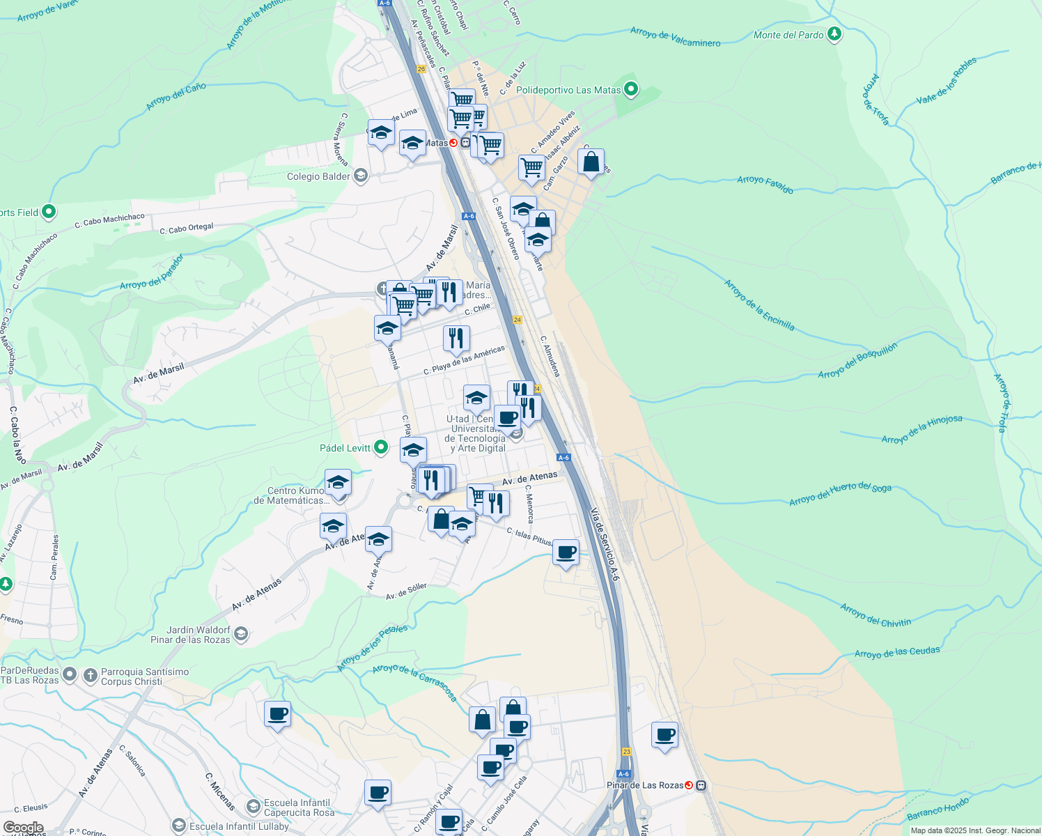 map of restaurants, bars, coffee shops, grocery stores, and more near 6 Calle Rozabella in Las Rozas de Madrid