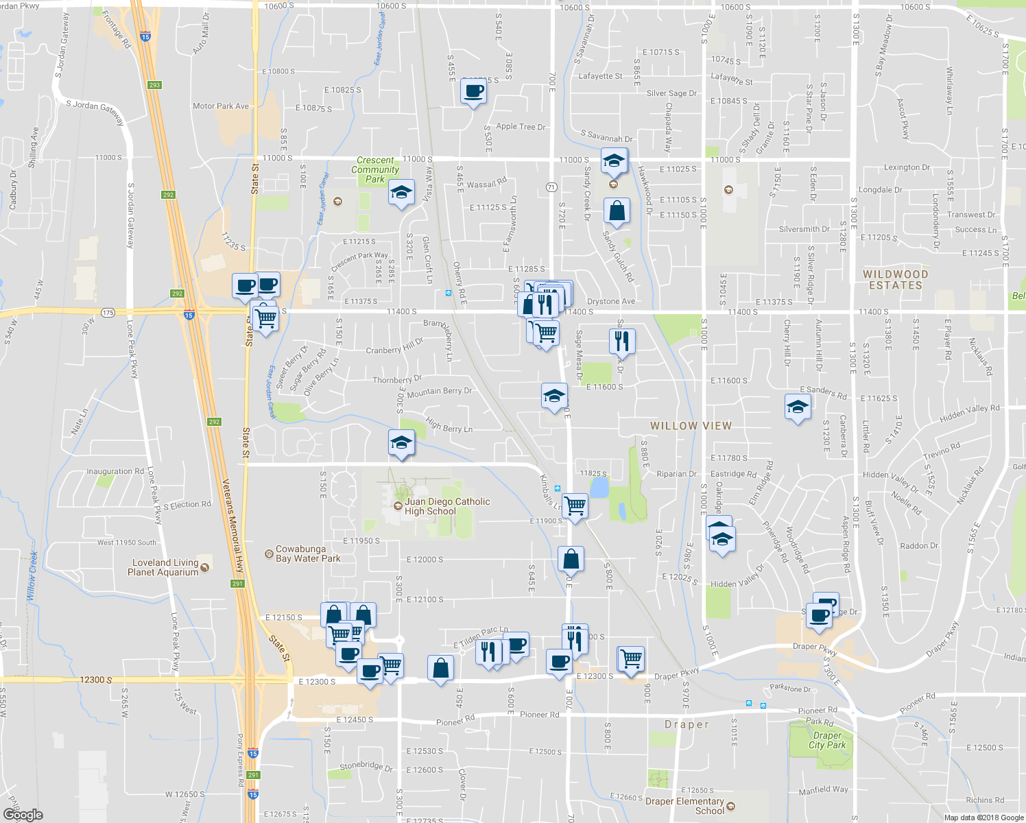 map of restaurants, bars, coffee shops, grocery stores, and more near 11660 South Shadow View Lane in Draper