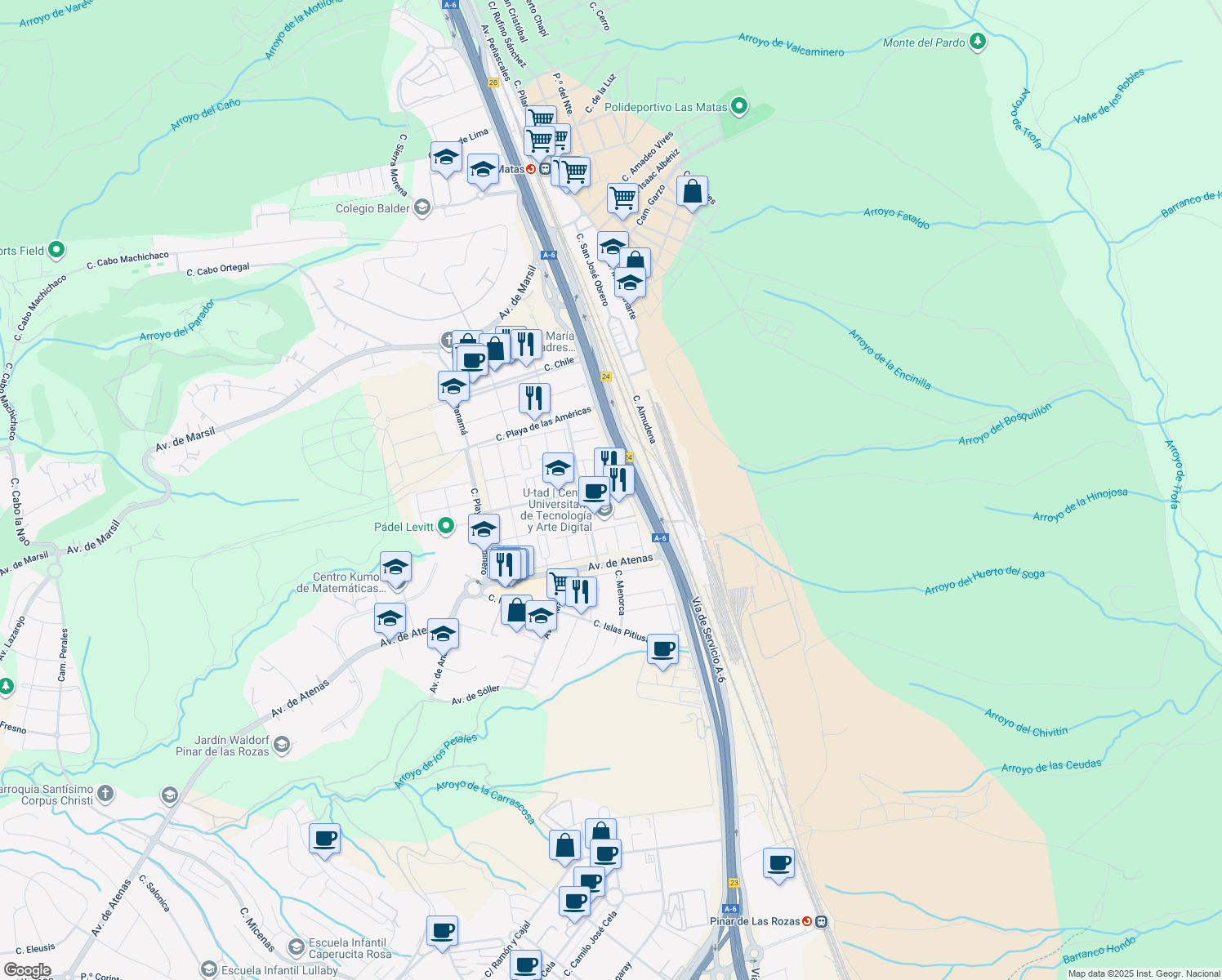 map of restaurants, bars, coffee shops, grocery stores, and more near 6 Calle Rozabella in Las Rozas de Madrid