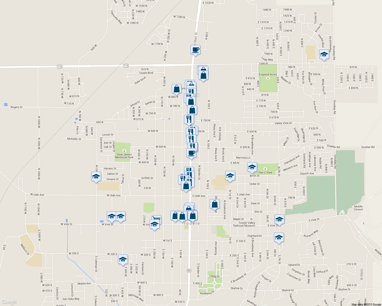 map of restaurants, bars, coffee shops, grocery stores, and more near 466 North Main Street in Tooele