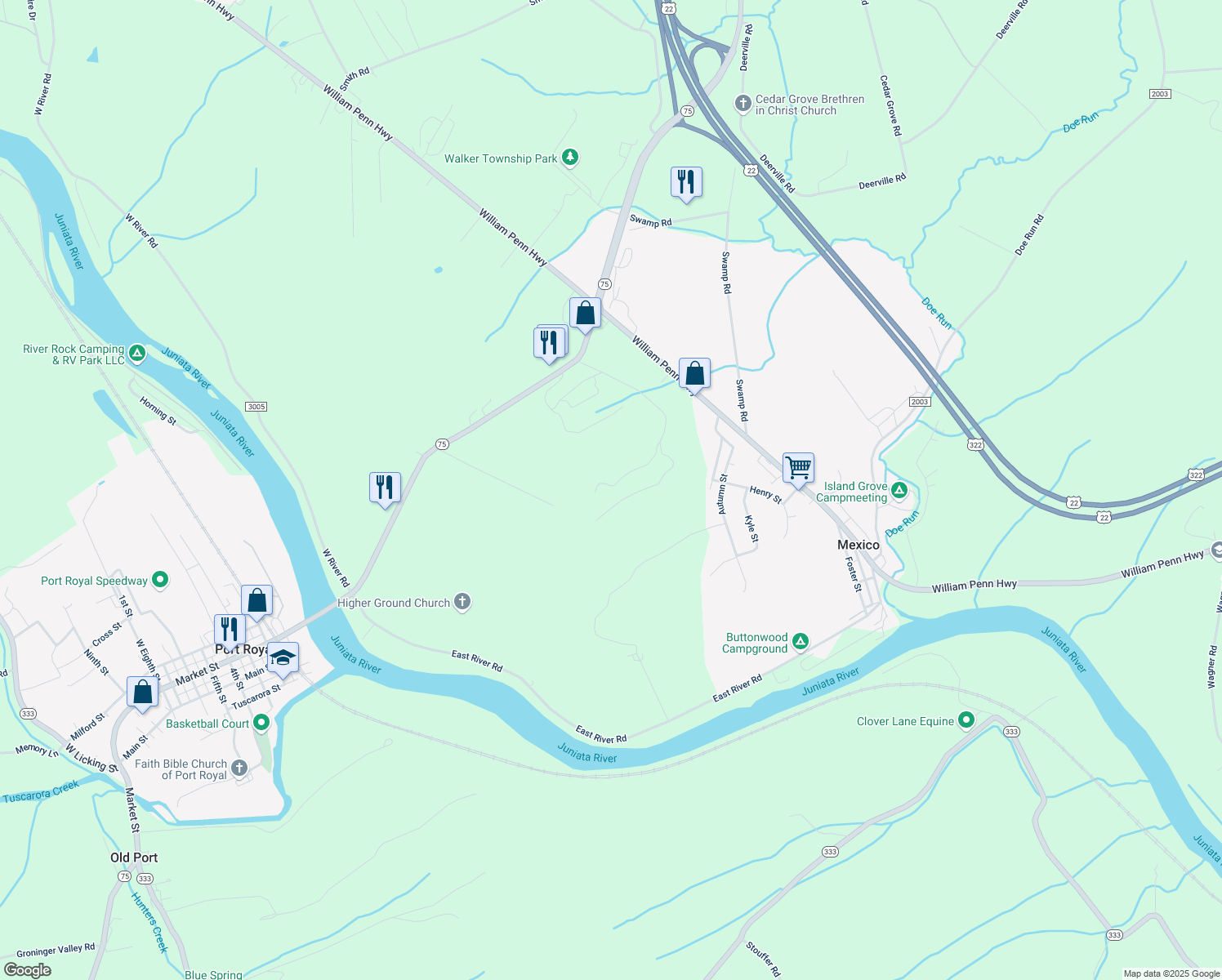 map of restaurants, bars, coffee shops, grocery stores, and more near 374 Deamer Lane in Mifflintown
