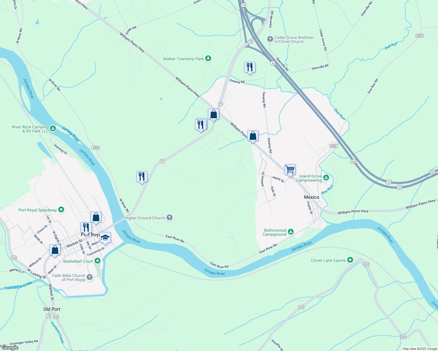 map of restaurants, bars, coffee shops, grocery stores, and more near 374 Deamer Lane in Mifflintown